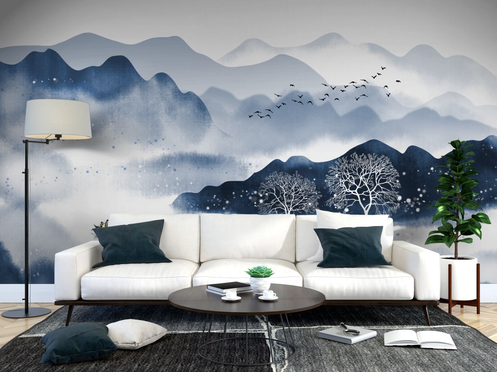 Фотошпалери рибалка повільно пливе по тихій гірській водоймі