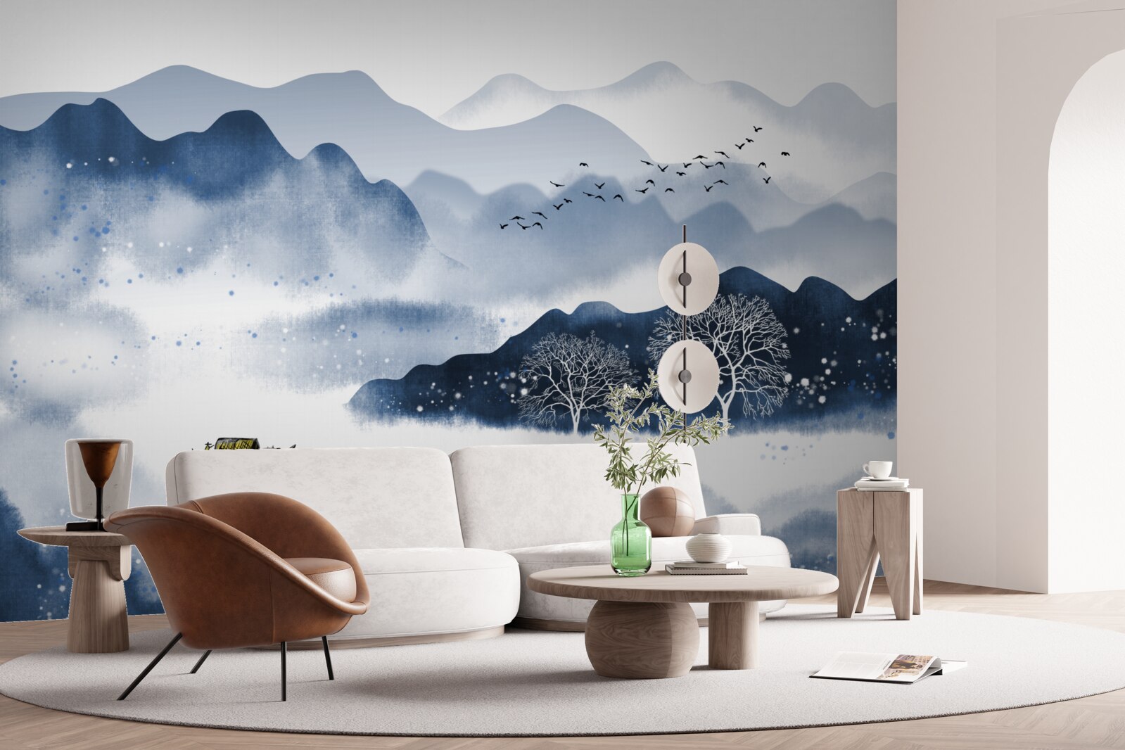 Фотошпалери рибалка повільно пливе по тихій гірській водоймі