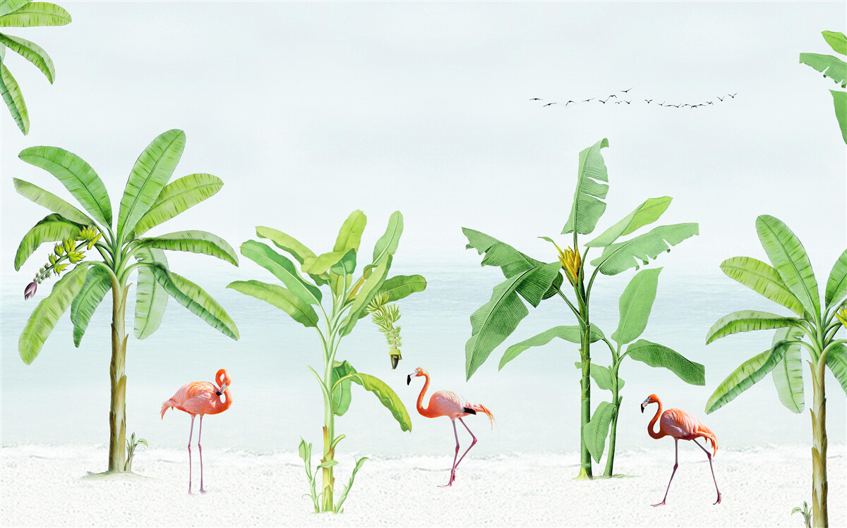 Фотошпалери рожеві фламінго на узбережжі пальм