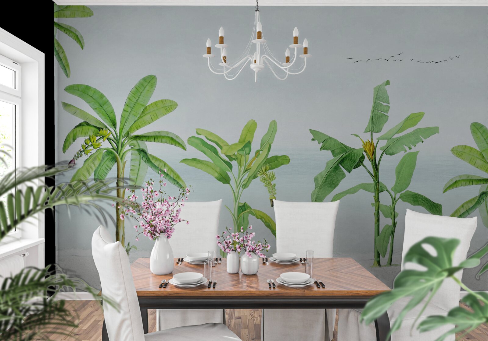 Фотошпалери рожеві фламінго на узбережжі пальм