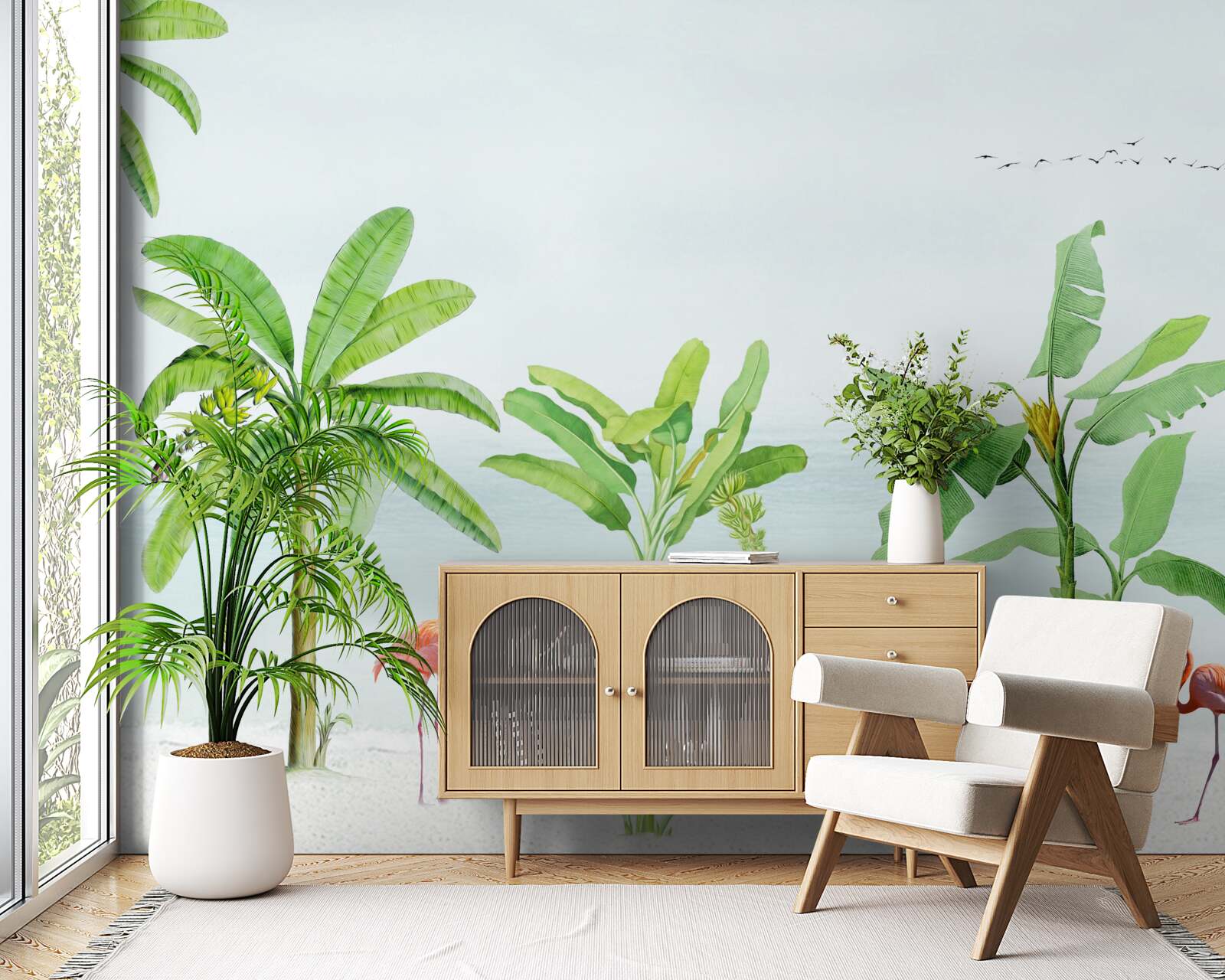 Фотошпалери рожеві фламінго на узбережжі пальм