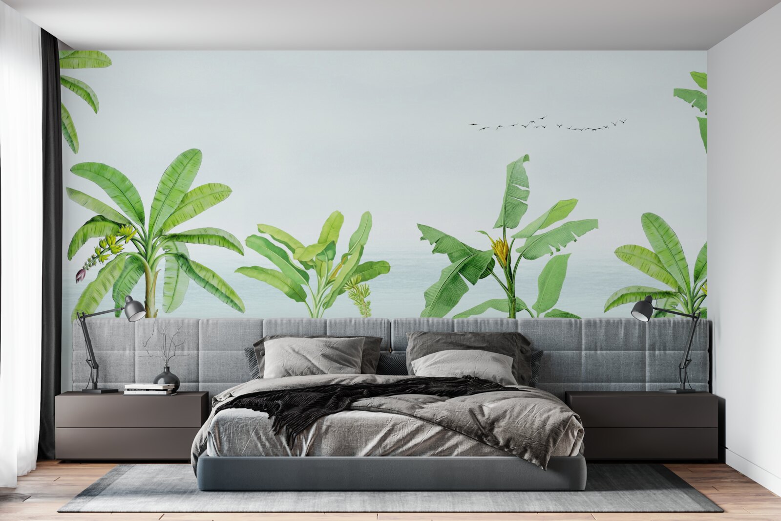 Фотошпалери рожеві фламінго на узбережжі пальм