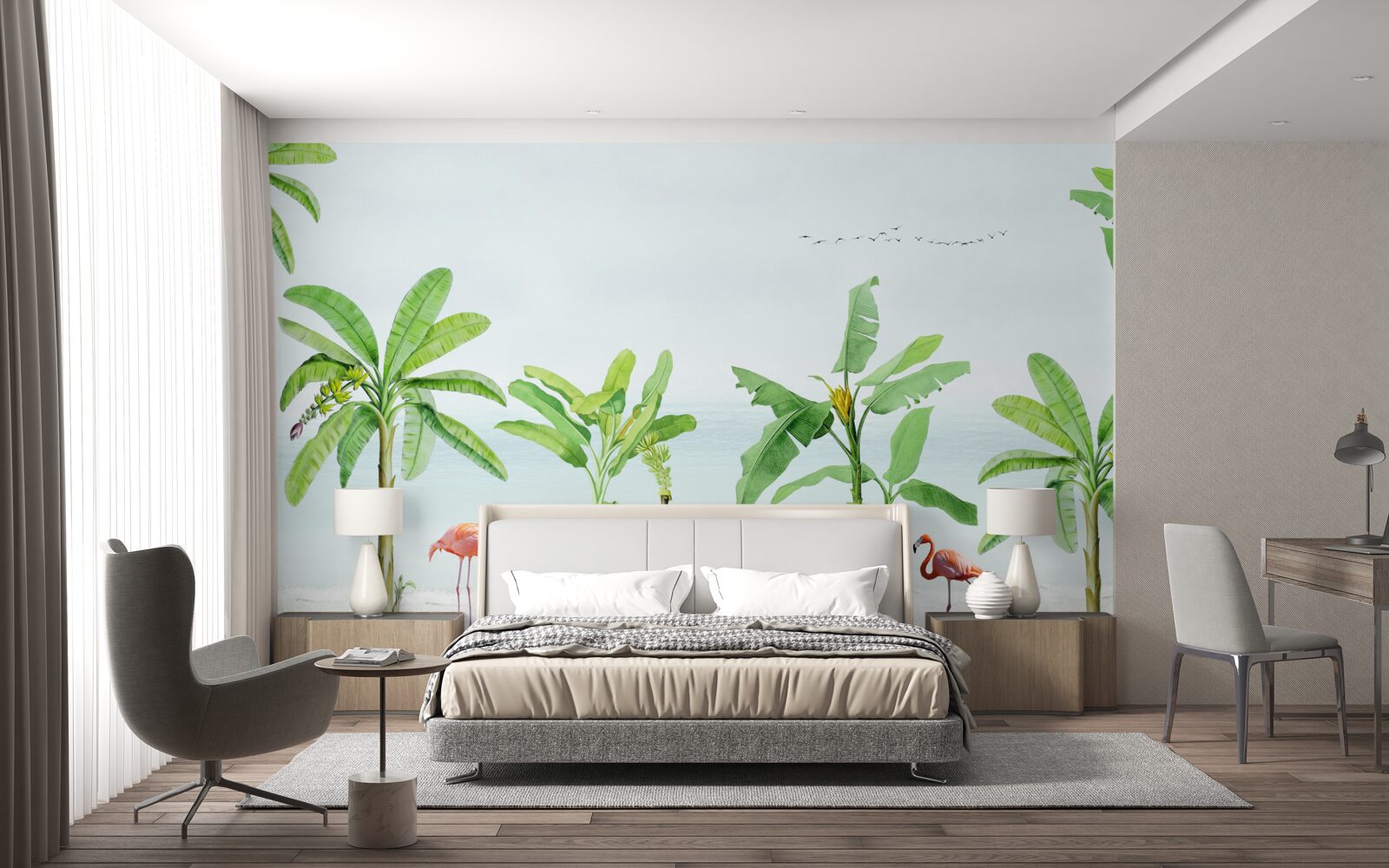 Фотошпалери рожеві фламінго на узбережжі пальм