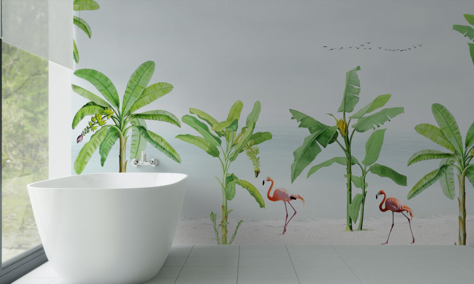 Фотошпалери рожеві фламінго на узбережжі пальм