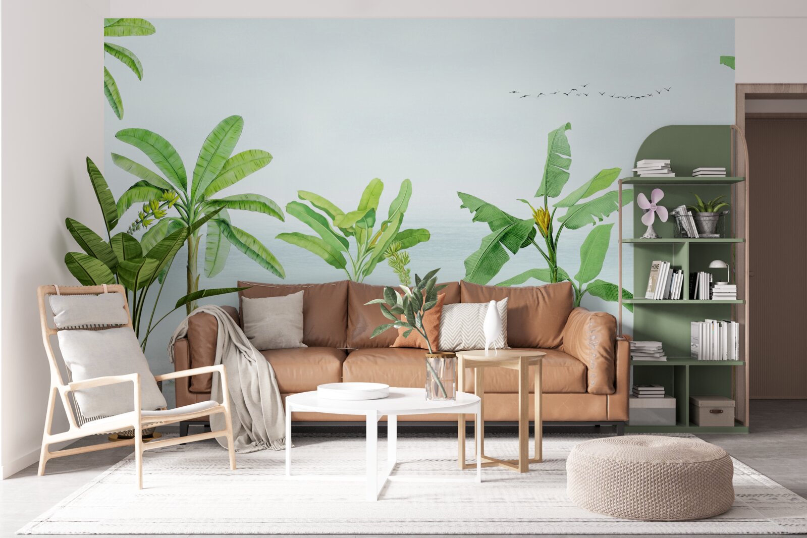 Фотошпалери рожеві фламінго на узбережжі пальм