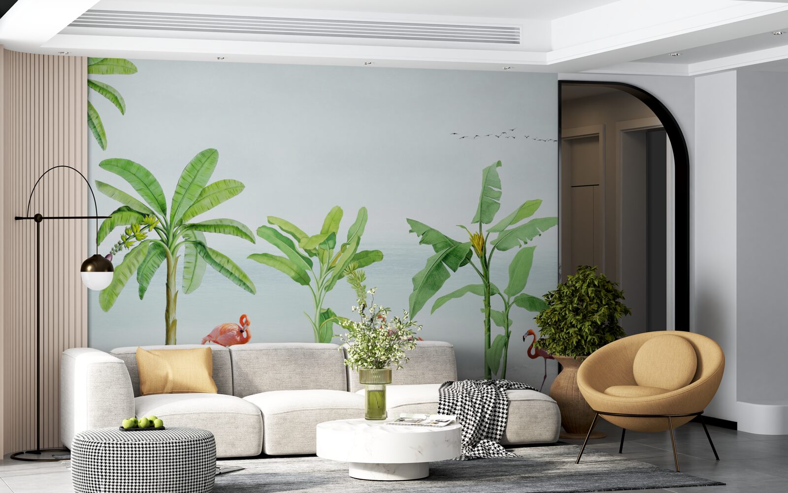 Фотошпалери рожеві фламінго на узбережжі пальм