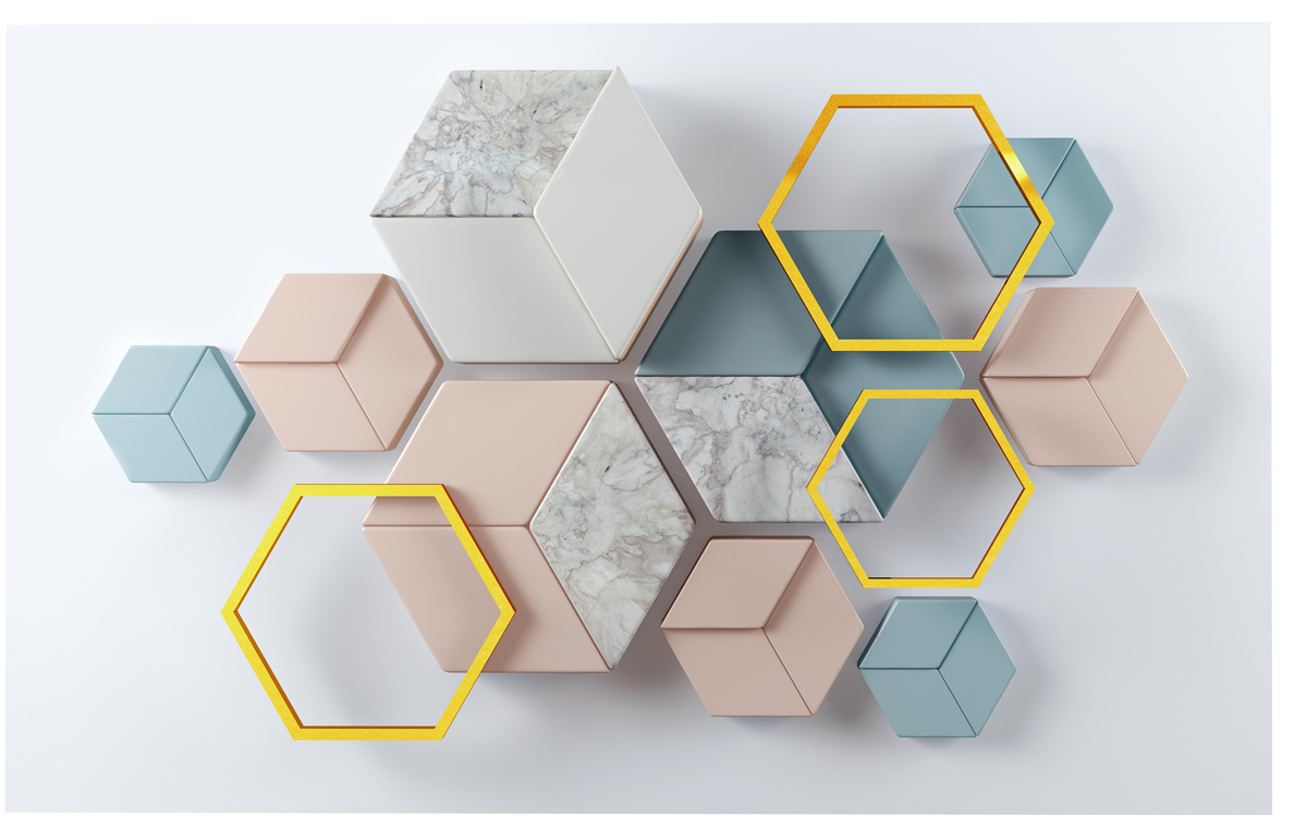 Фотошпалери п'ятикутні фігури в трьох вимірах на сірому тлі