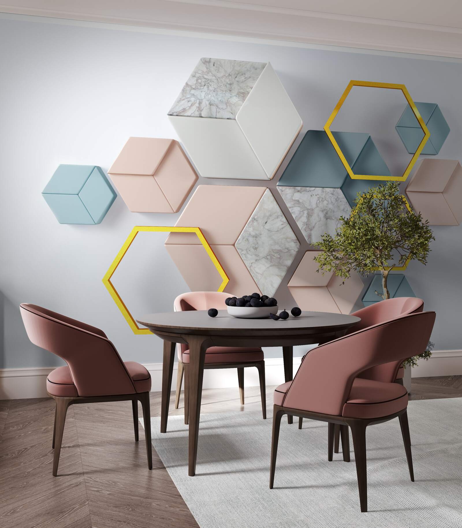 Фотошпалери п'ятикутні фігури в трьох вимірах на сірому тлі