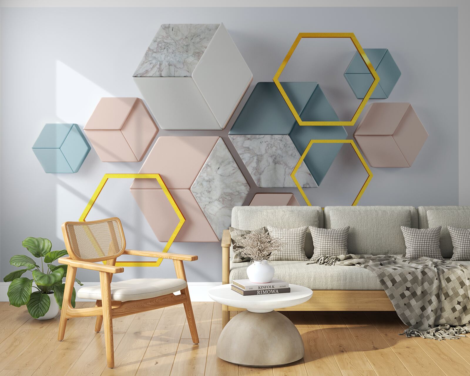 Фотошпалери п'ятикутні фігури в трьох вимірах на сірому тлі