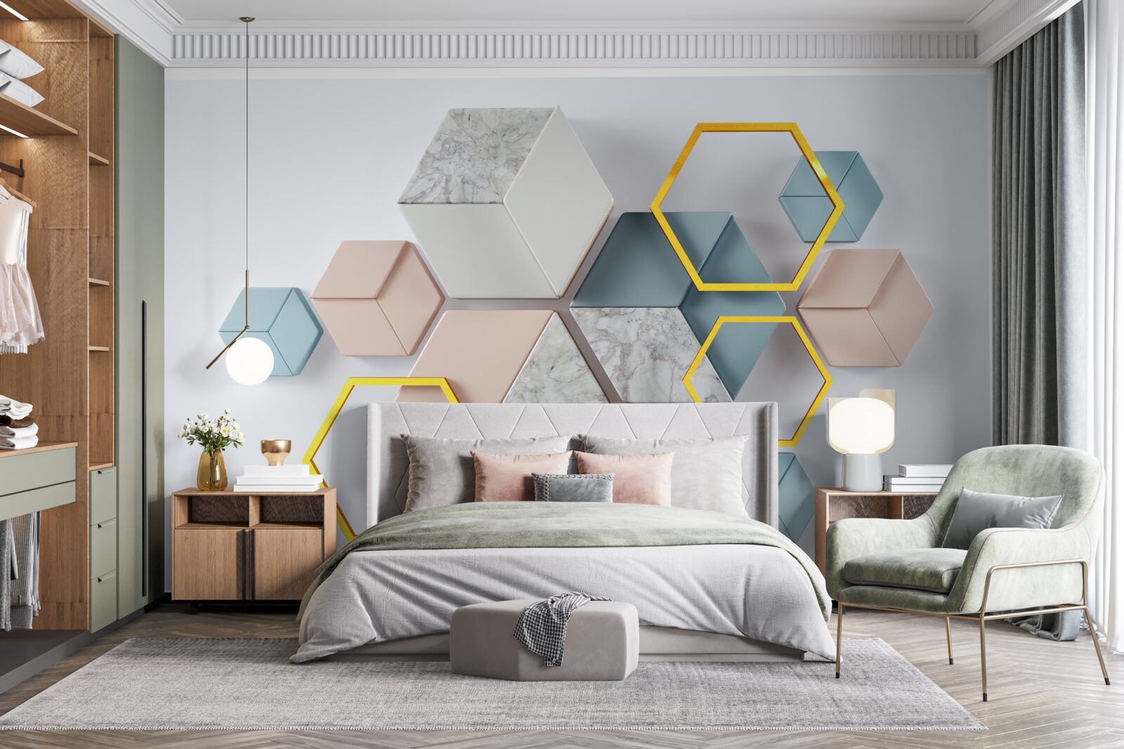 Фотошпалери п'ятикутні фігури в трьох вимірах на сірому тлі