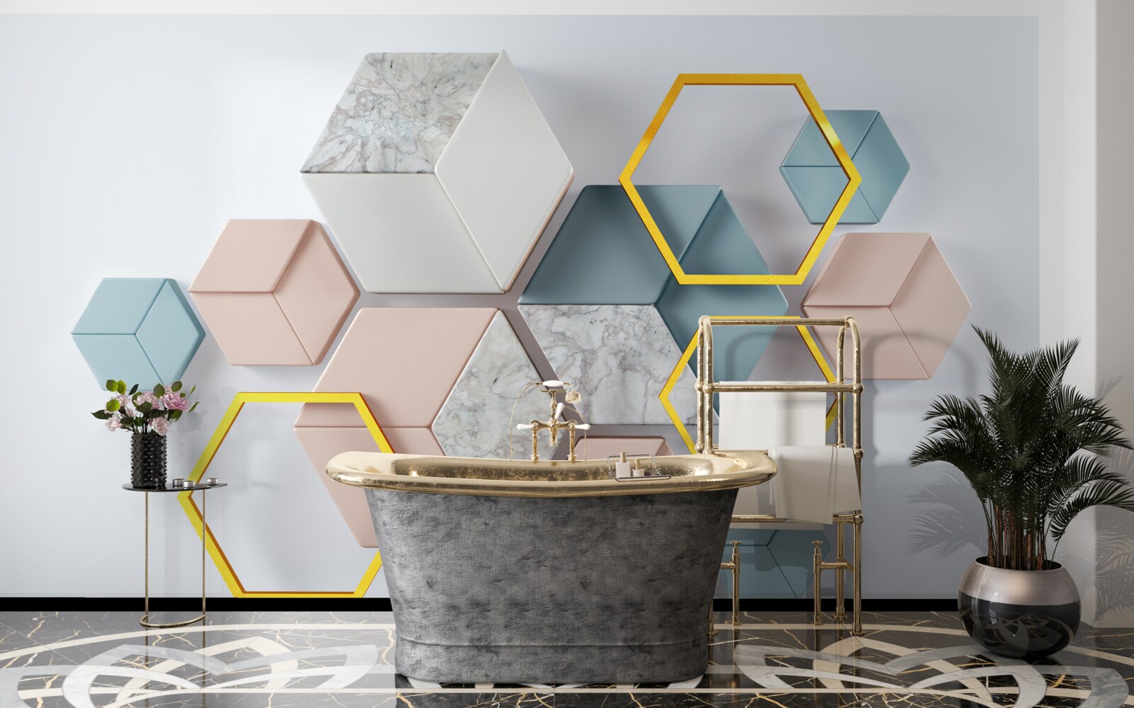 Фотошпалери п'ятикутні фігури в трьох вимірах на сірому тлі