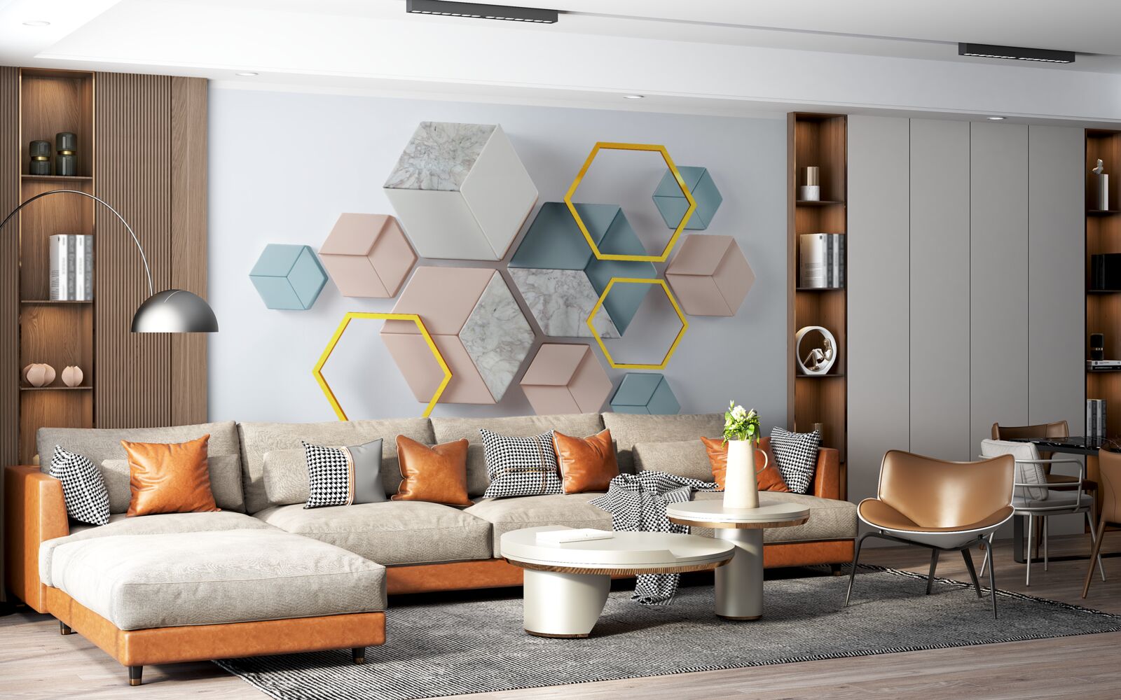 Фотошпалери п'ятикутні фігури в трьох вимірах на сірому тлі