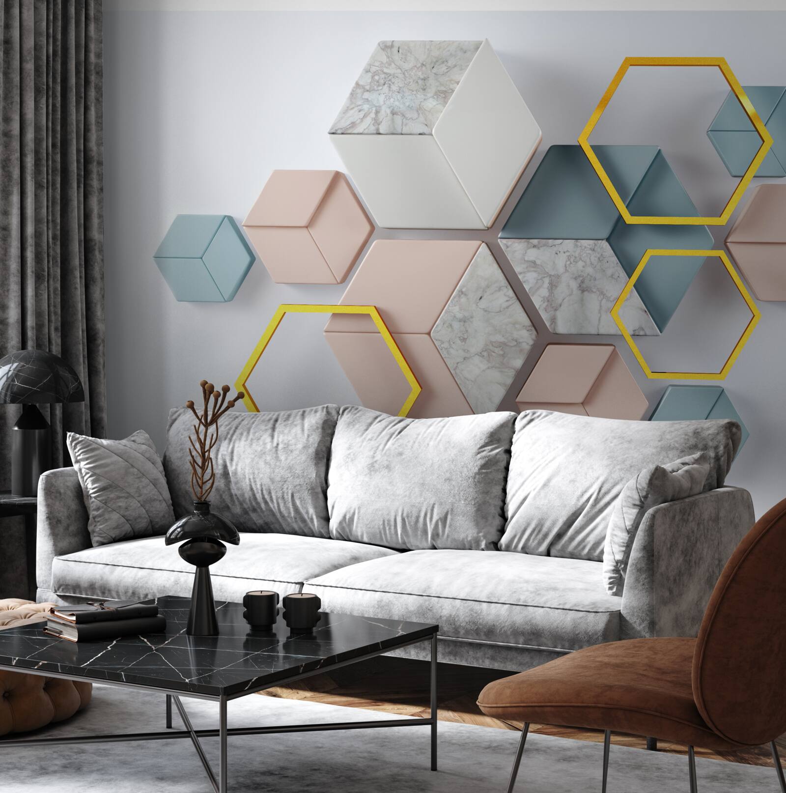 Фотошпалери п'ятикутні фігури в трьох вимірах на сірому тлі