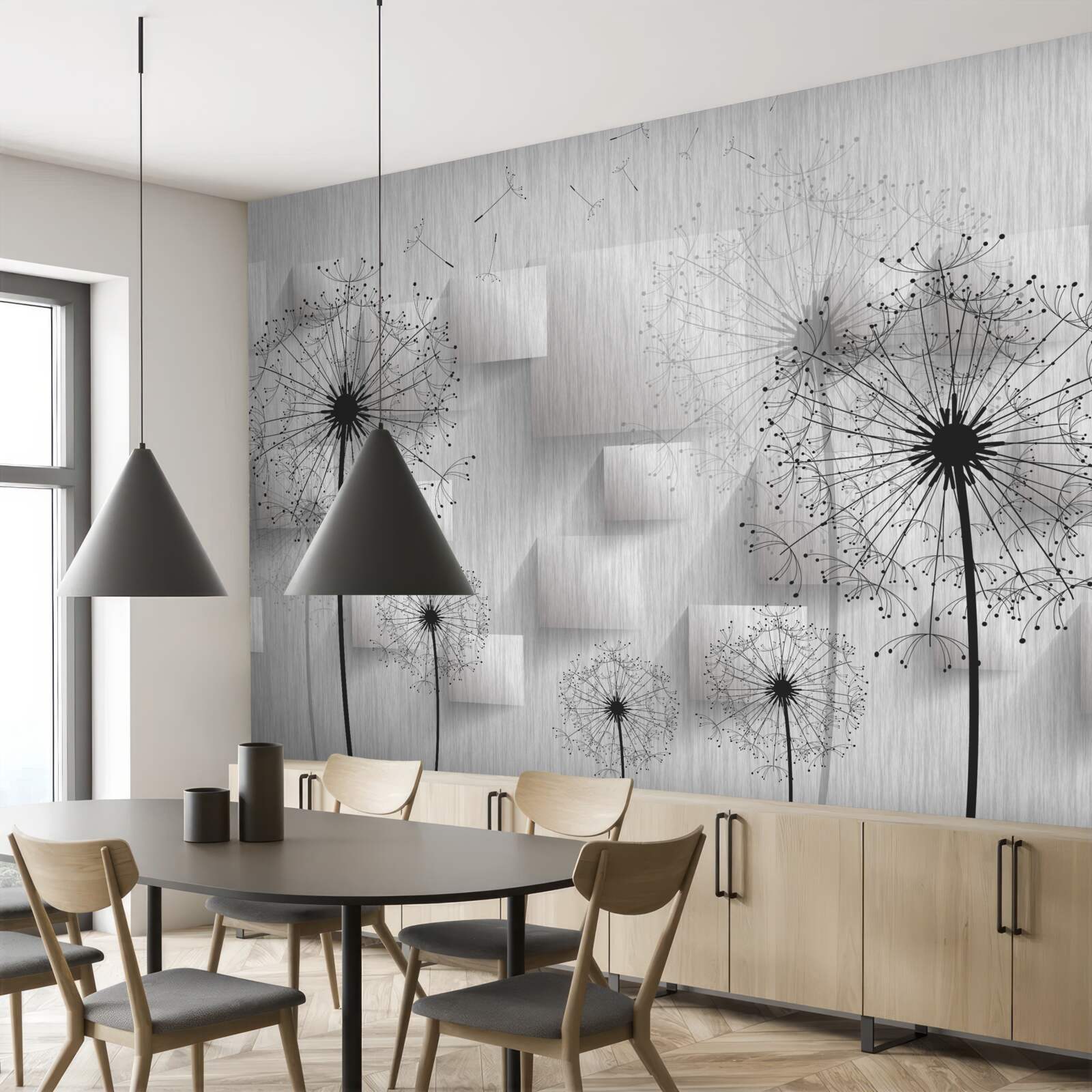 Фотошпалери кульбаби на тлі геометричних фігур, що утворюють квадрати