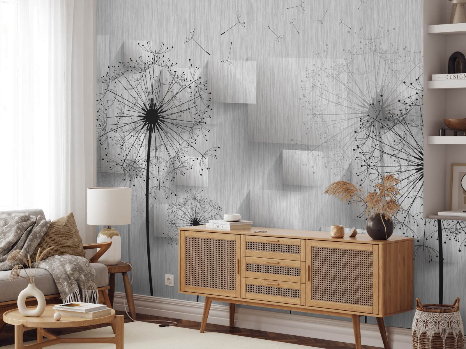 Фотошпалери кульбаби на тлі геометричних фігур, що утворюють квадрати