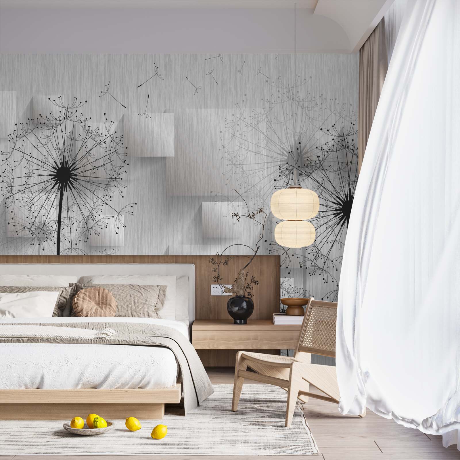 Фотошпалери кульбаби на тлі геометричних фігур, що утворюють квадрати