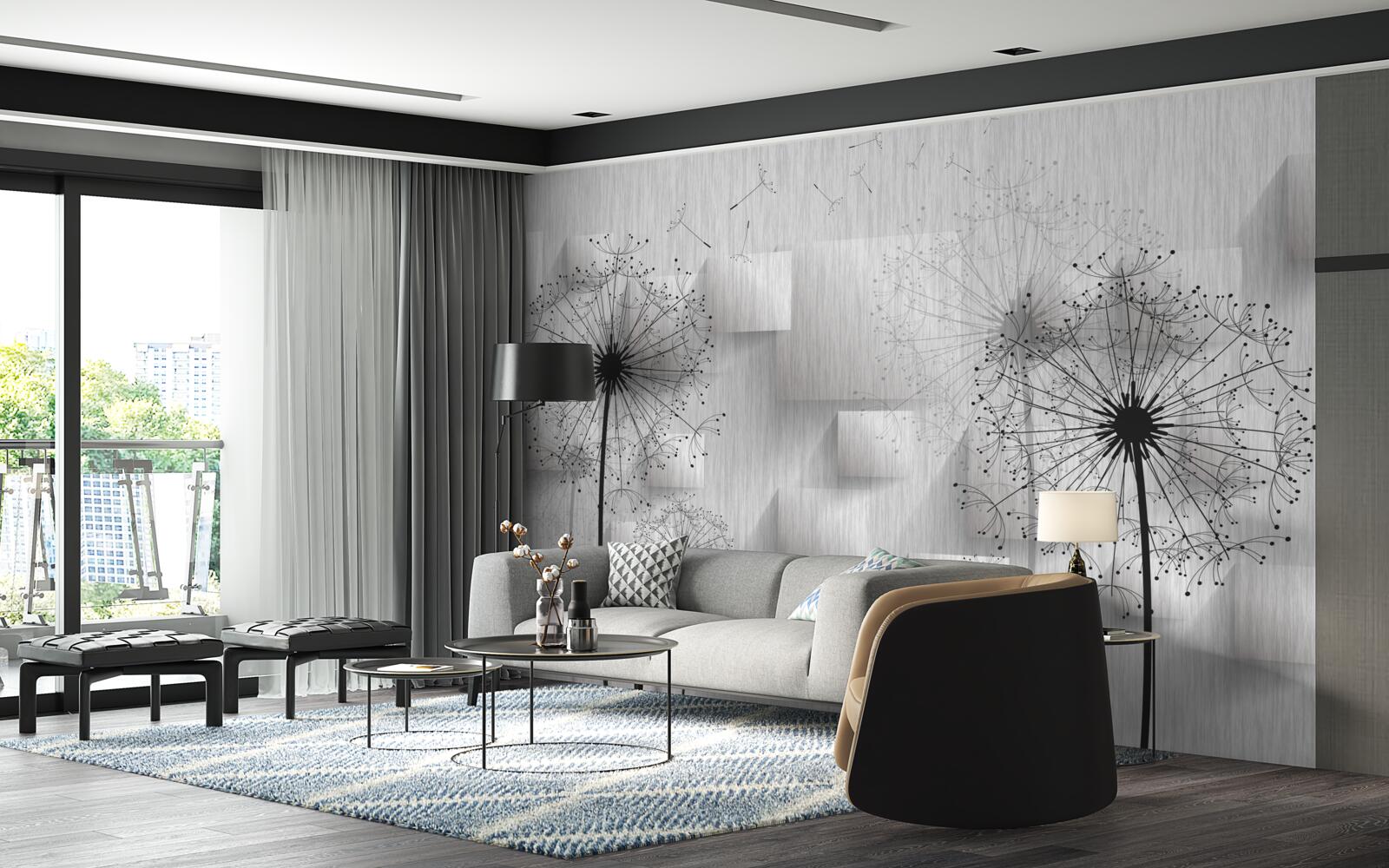 Фотошпалери кульбаби на тлі геометричних фігур, що утворюють квадрати