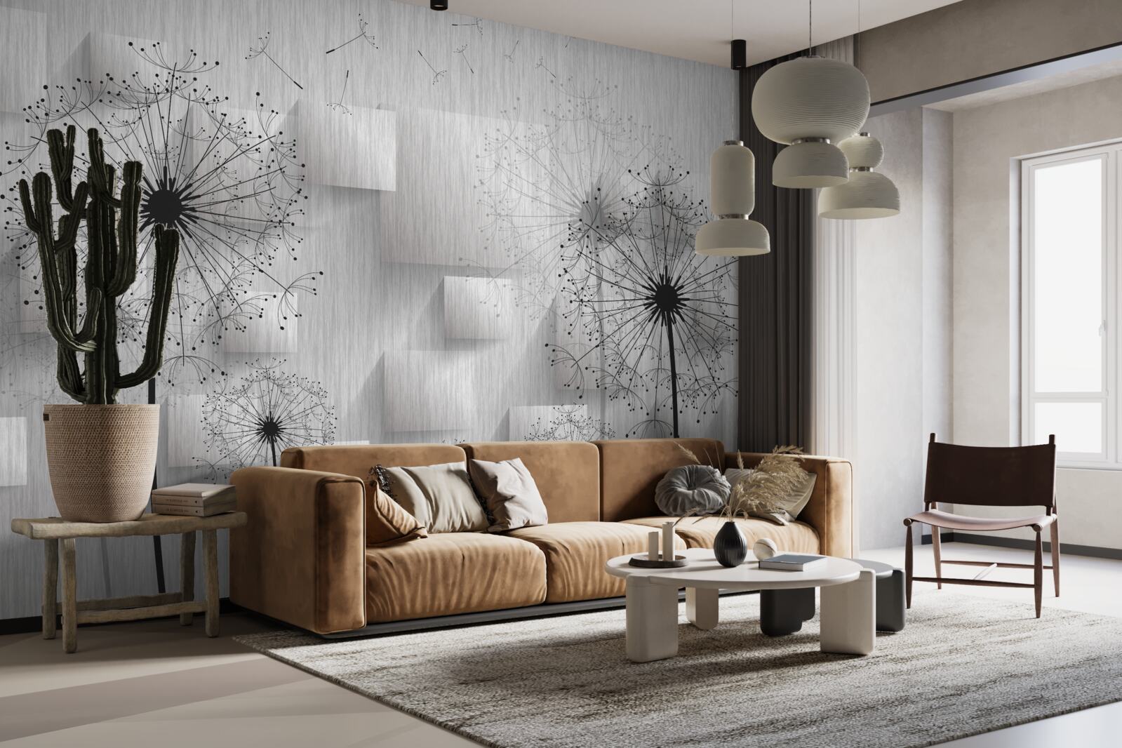 Фотошпалери кульбаби на тлі геометричних фігур, що утворюють квадрати