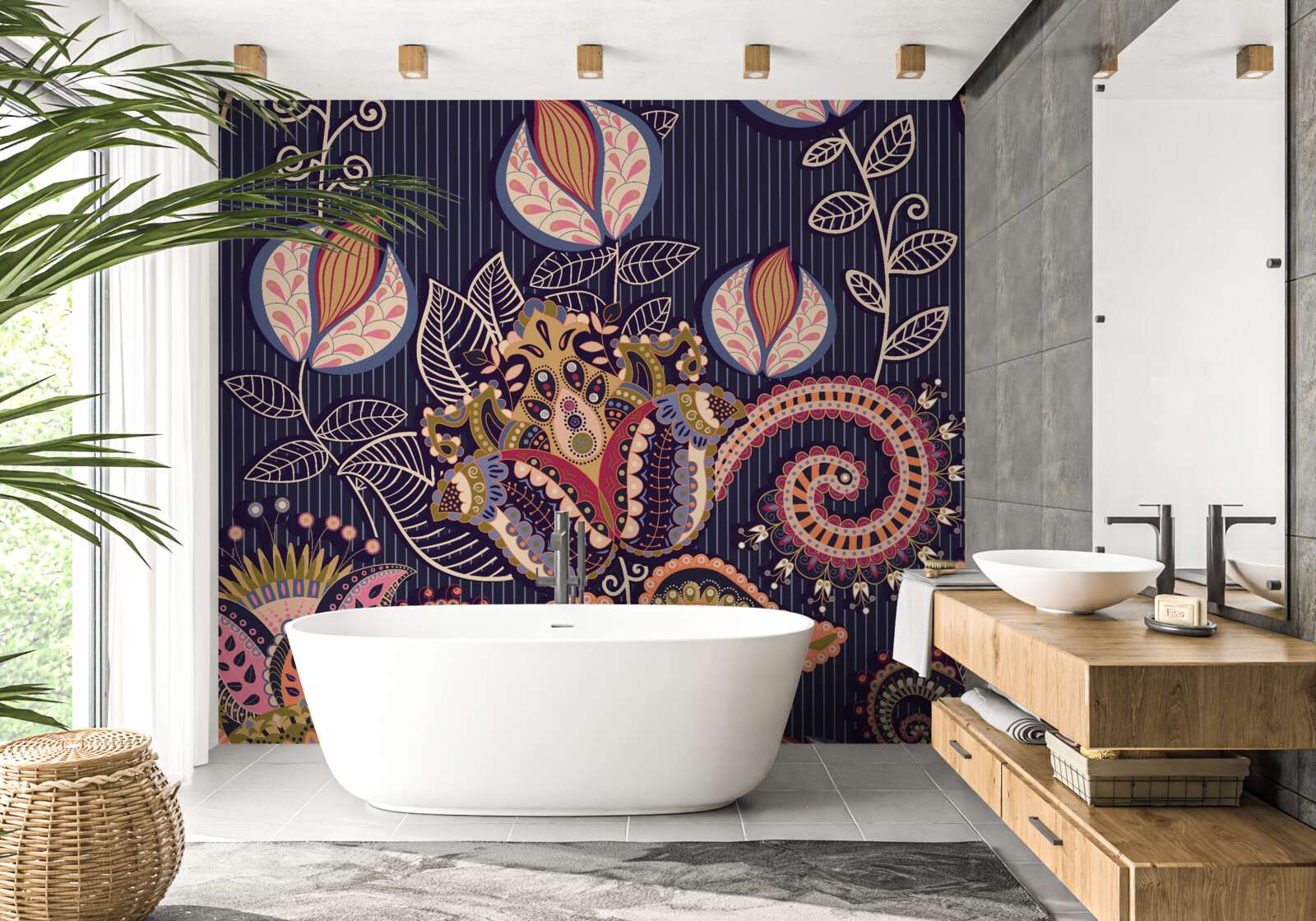 Фотошпалери квіти у вінтажному стилі на синьому тлі