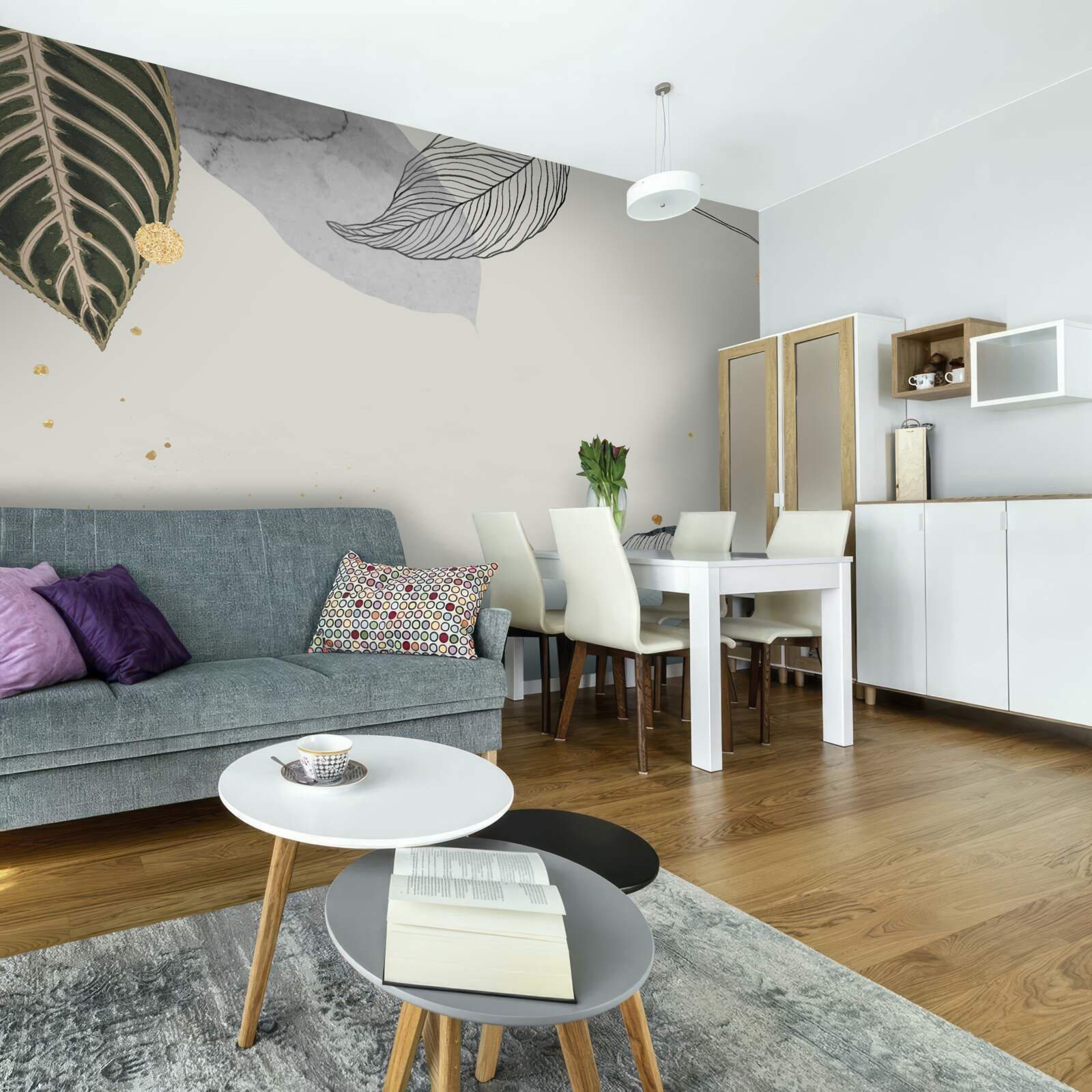 Фотошпалери велике тропічне листя на сірому тлі