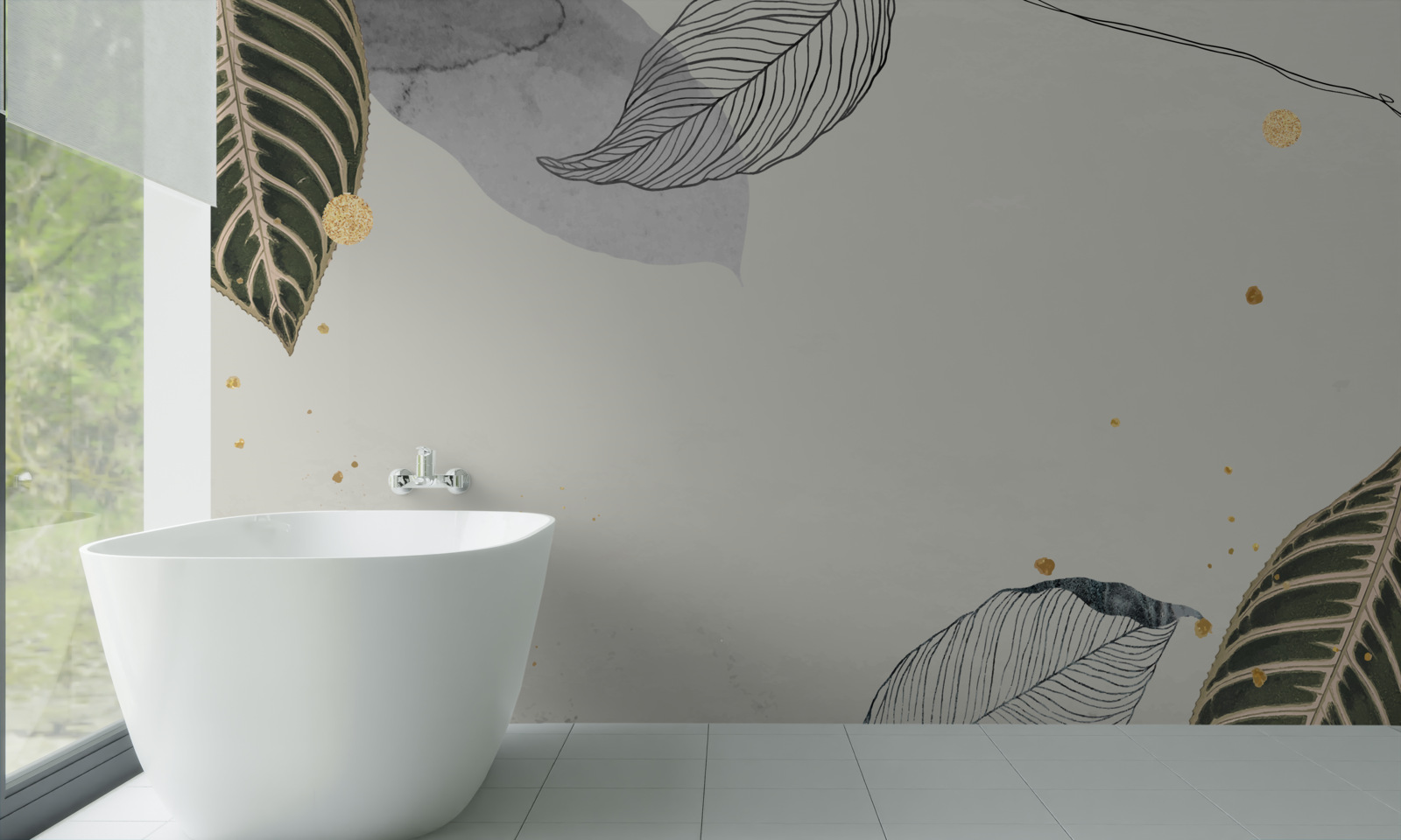 Фотошпалери велике тропічне листя на сірому тлі