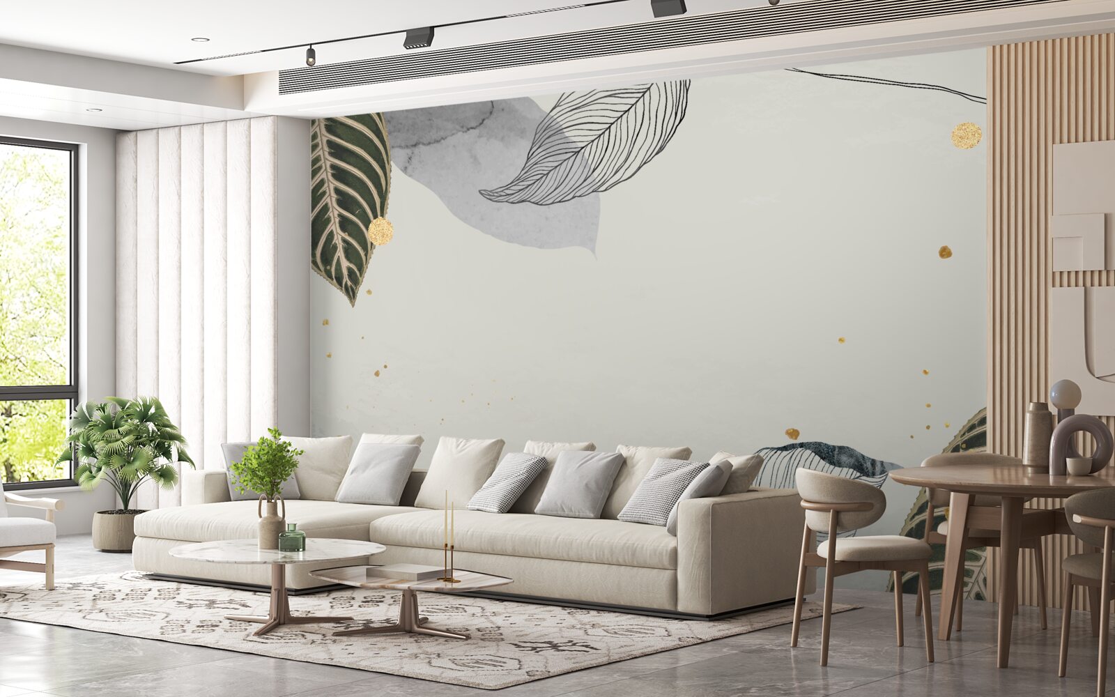 Фотошпалери велике тропічне листя на сірому тлі