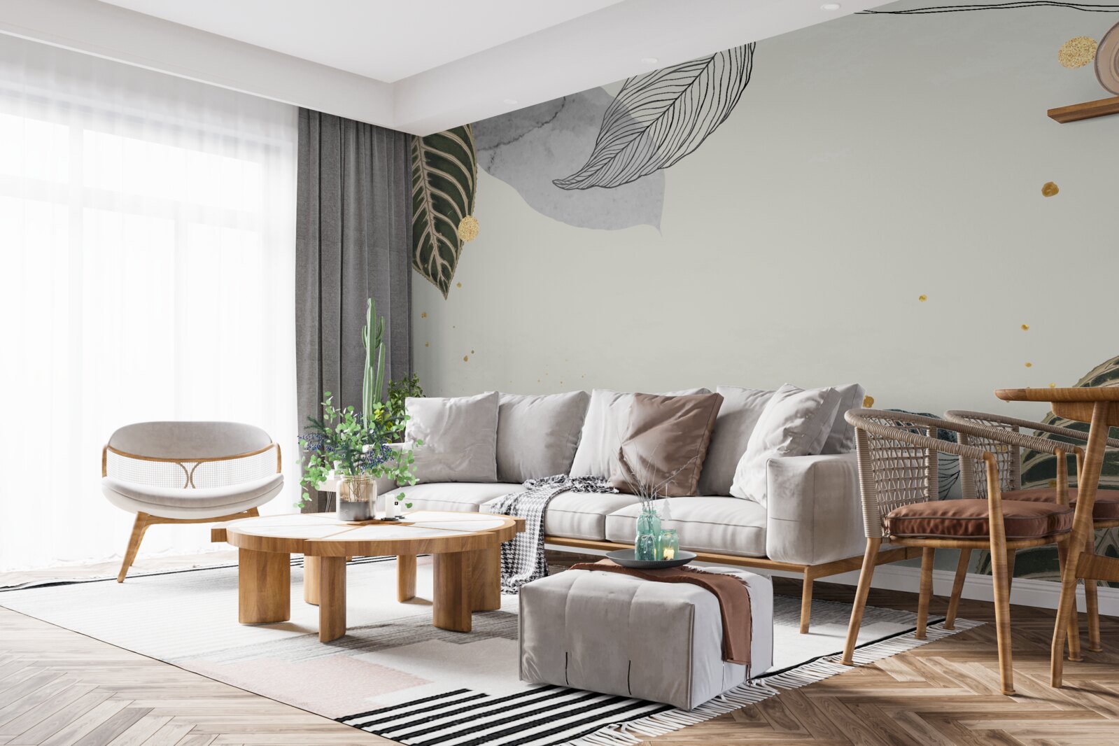 Фотошпалери велике тропічне листя на сірому тлі