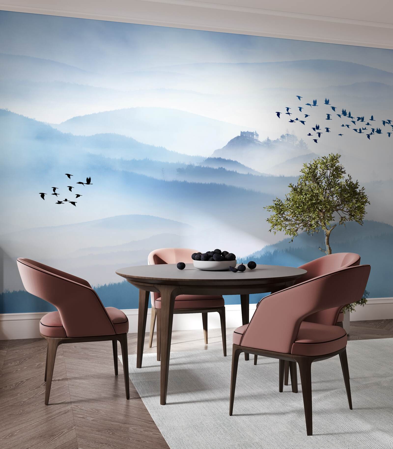 Фотошпалери зграї птахів здіймаються над туманними вершинами