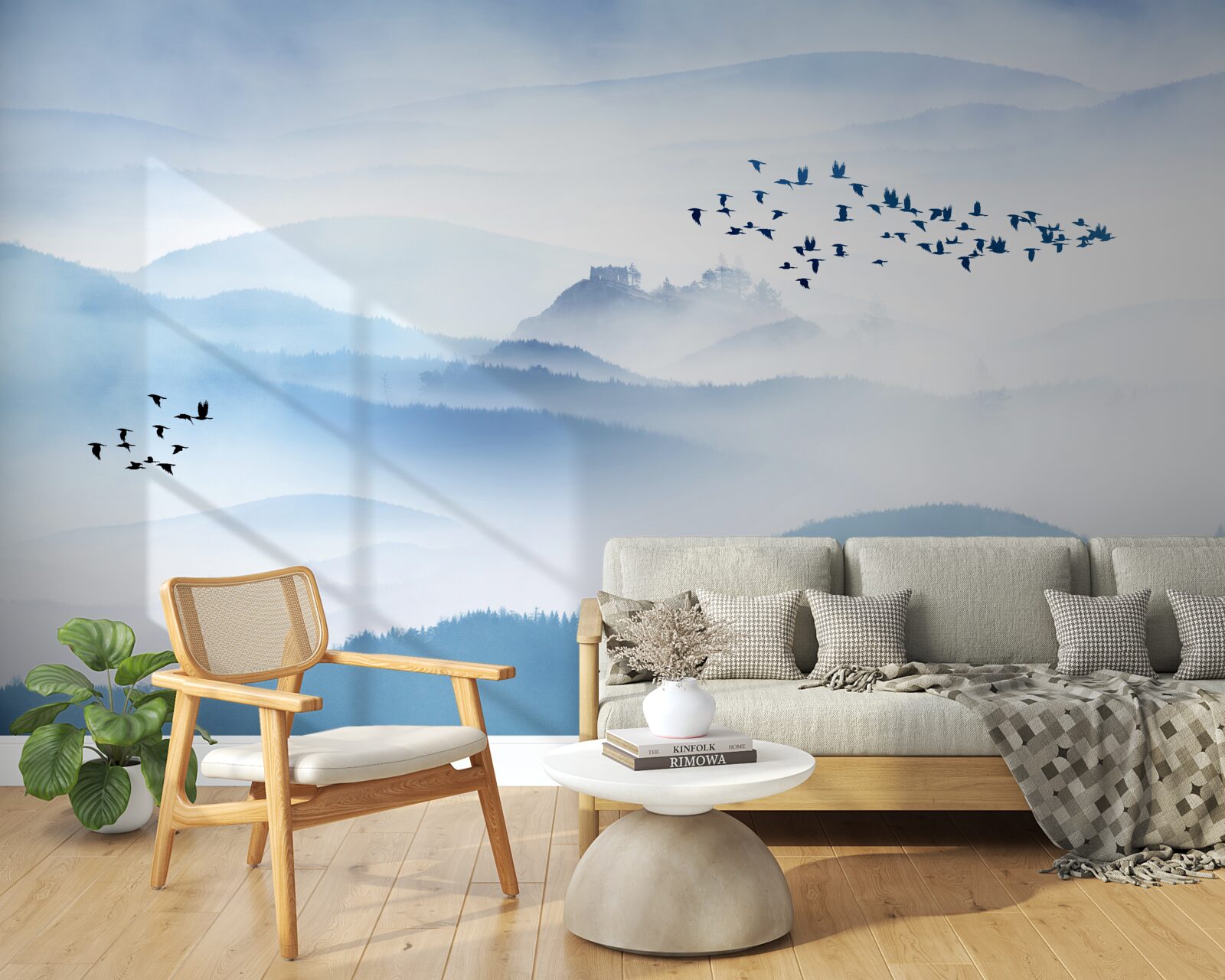 Фотошпалери зграї птахів здіймаються над туманними вершинами