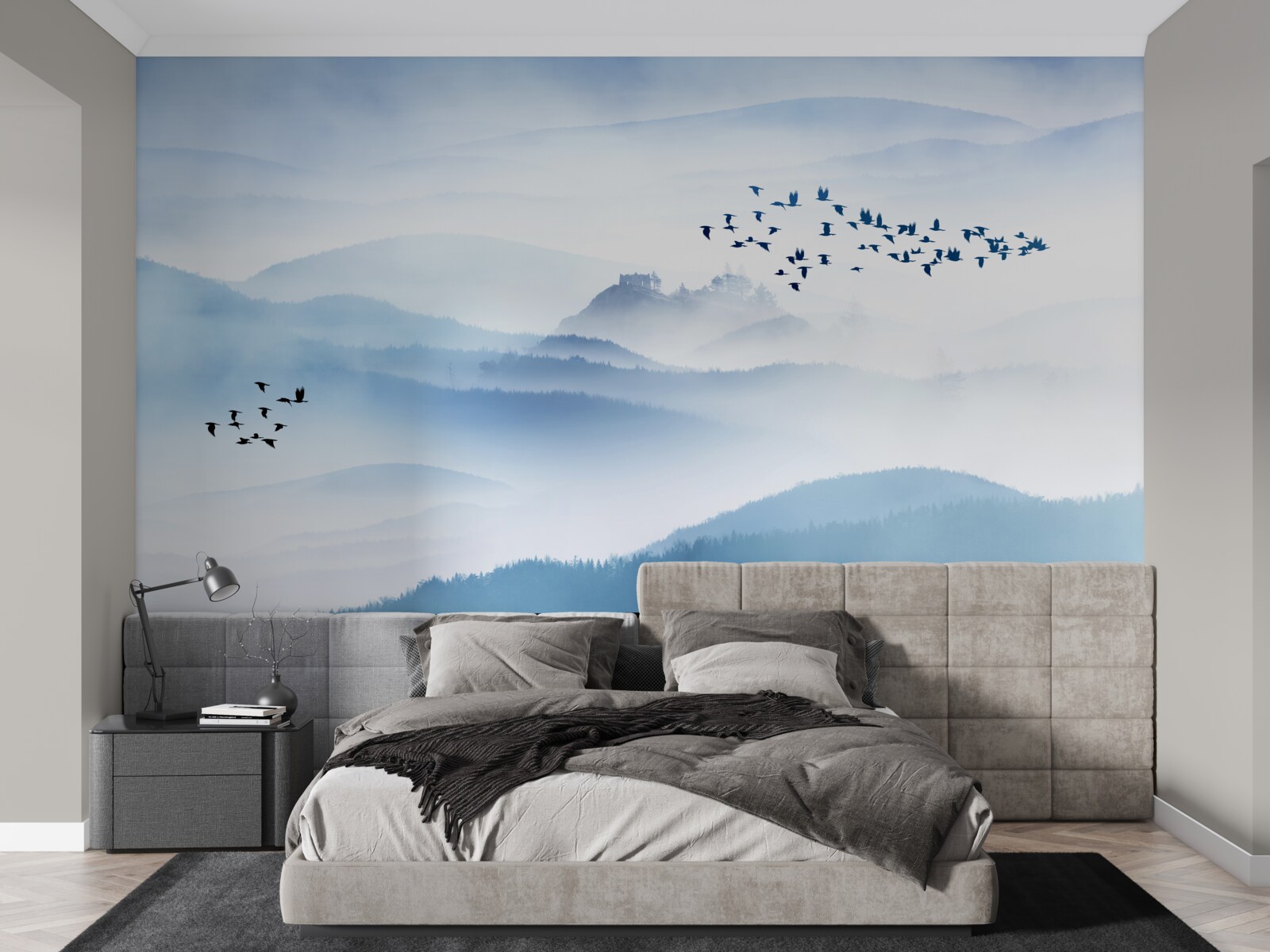 Фотошпалери зграї птахів здіймаються над туманними вершинами