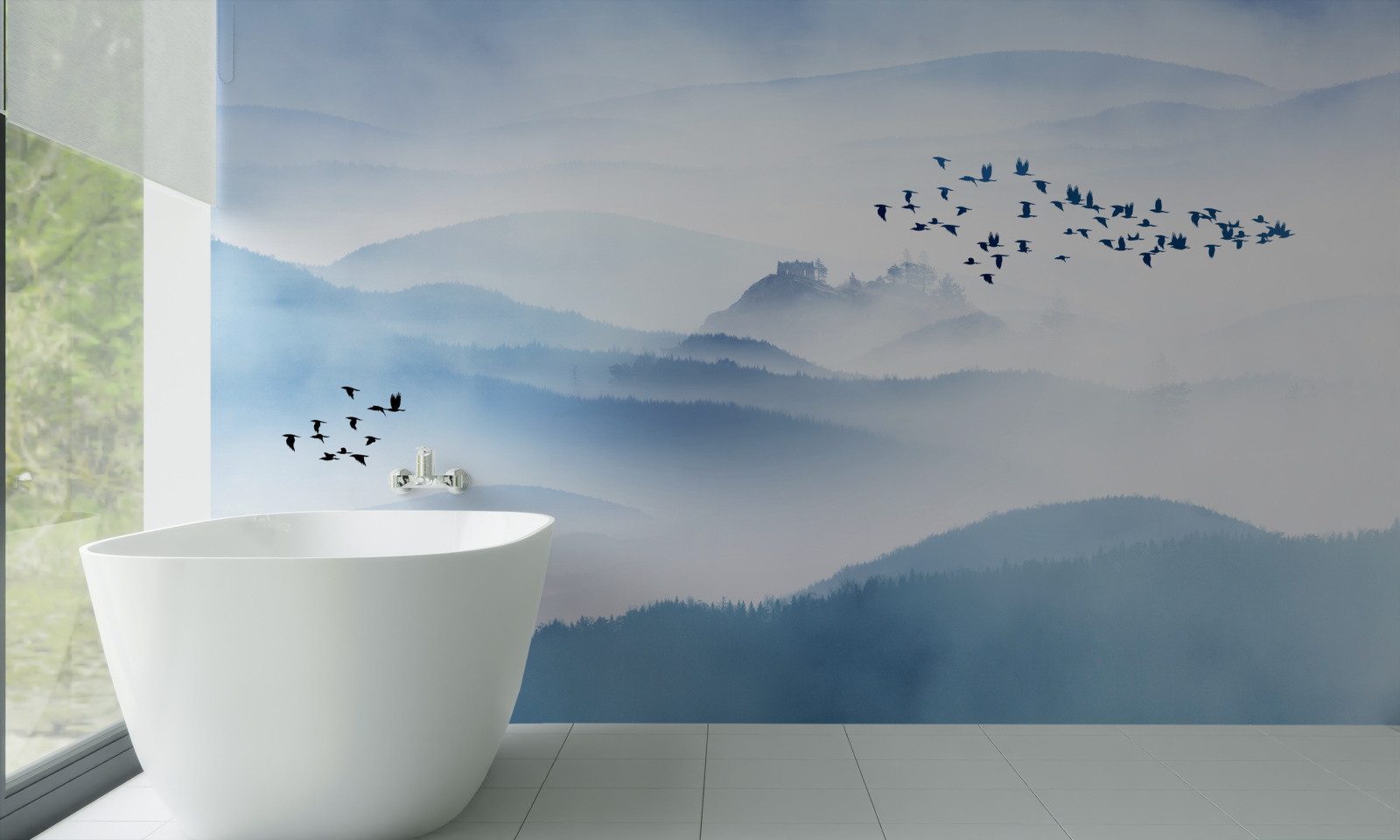 Фотошпалери зграї птахів здіймаються над туманними вершинами