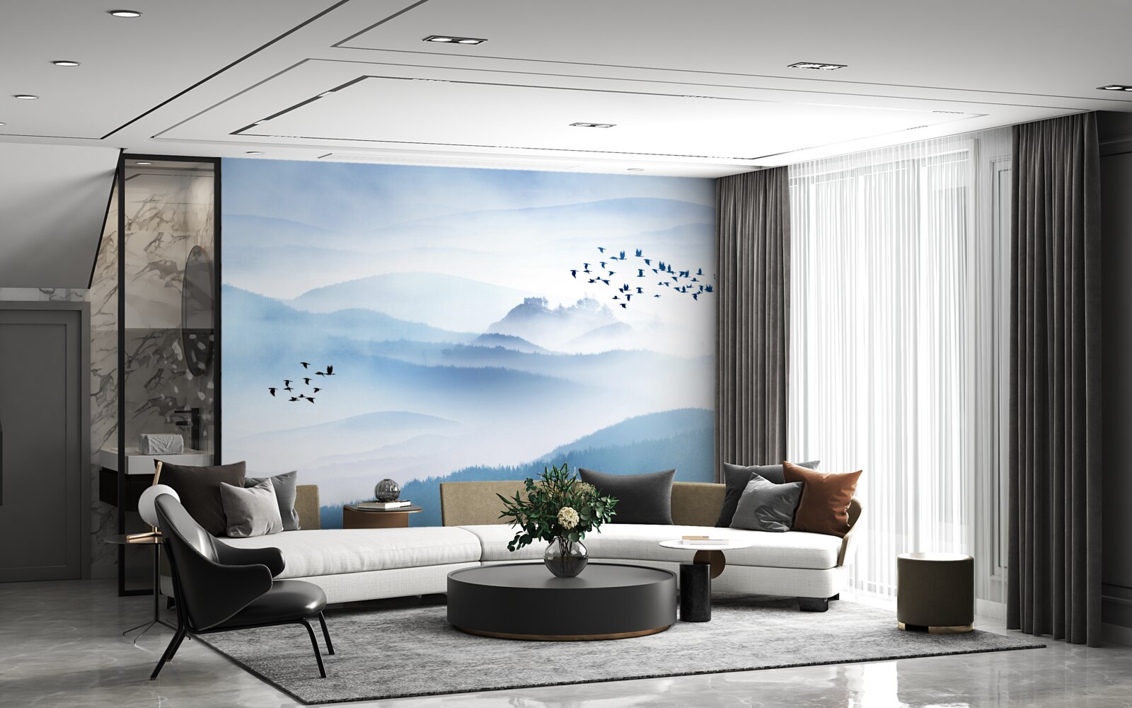 Фотошпалери зграї птахів здіймаються над туманними вершинами