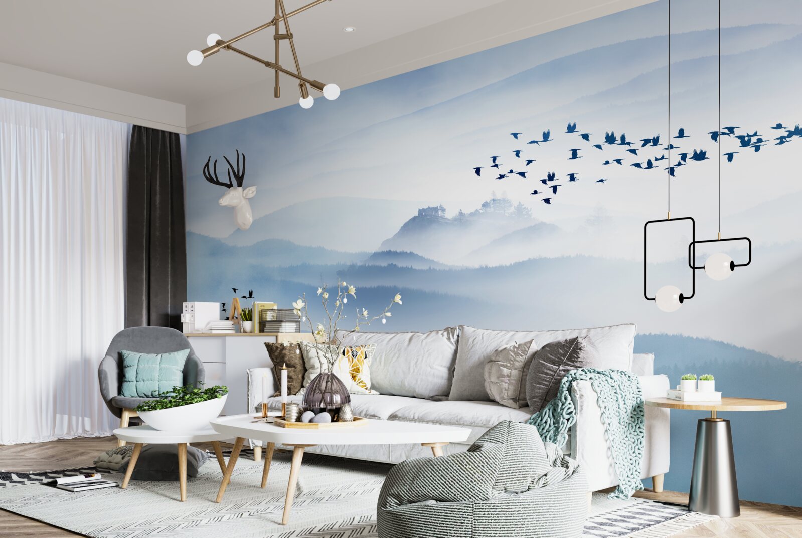 Фотошпалери зграї птахів здіймаються над туманними вершинами