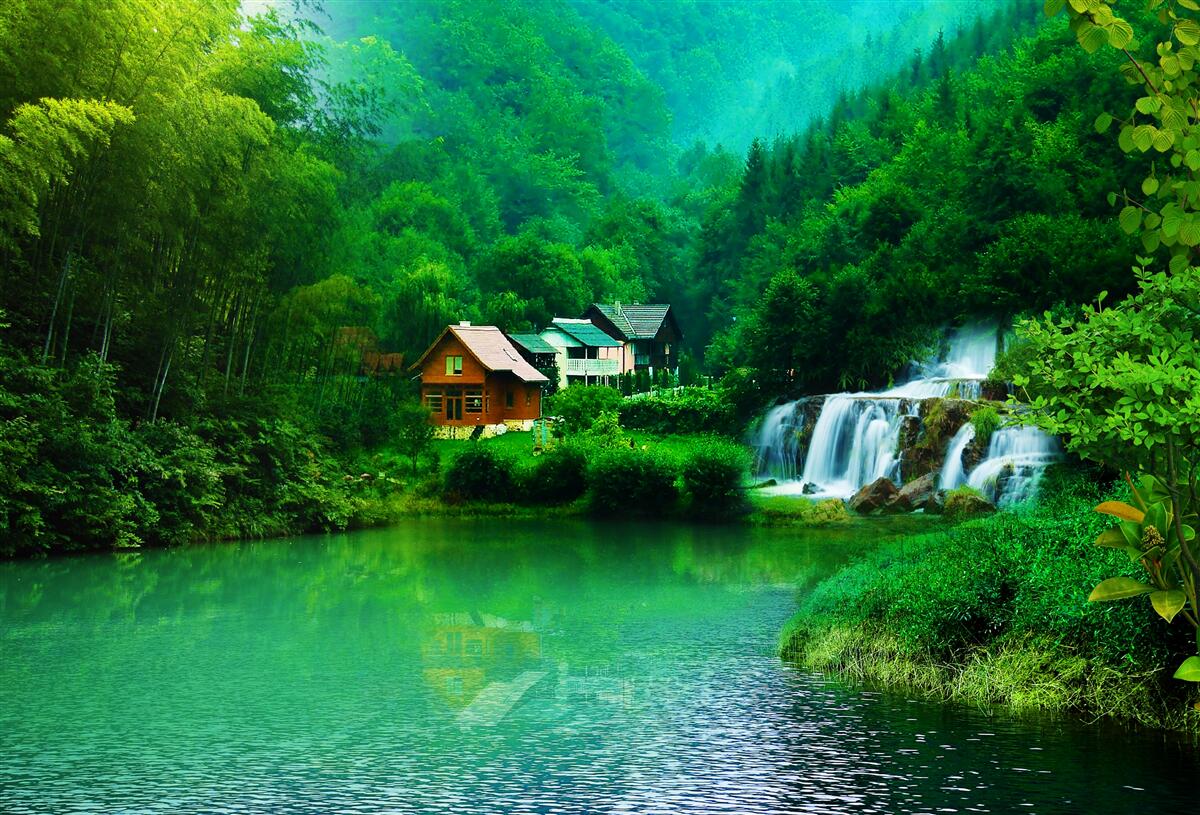 Фотошпалери тихий водоспад поруч із будинком на березі озера