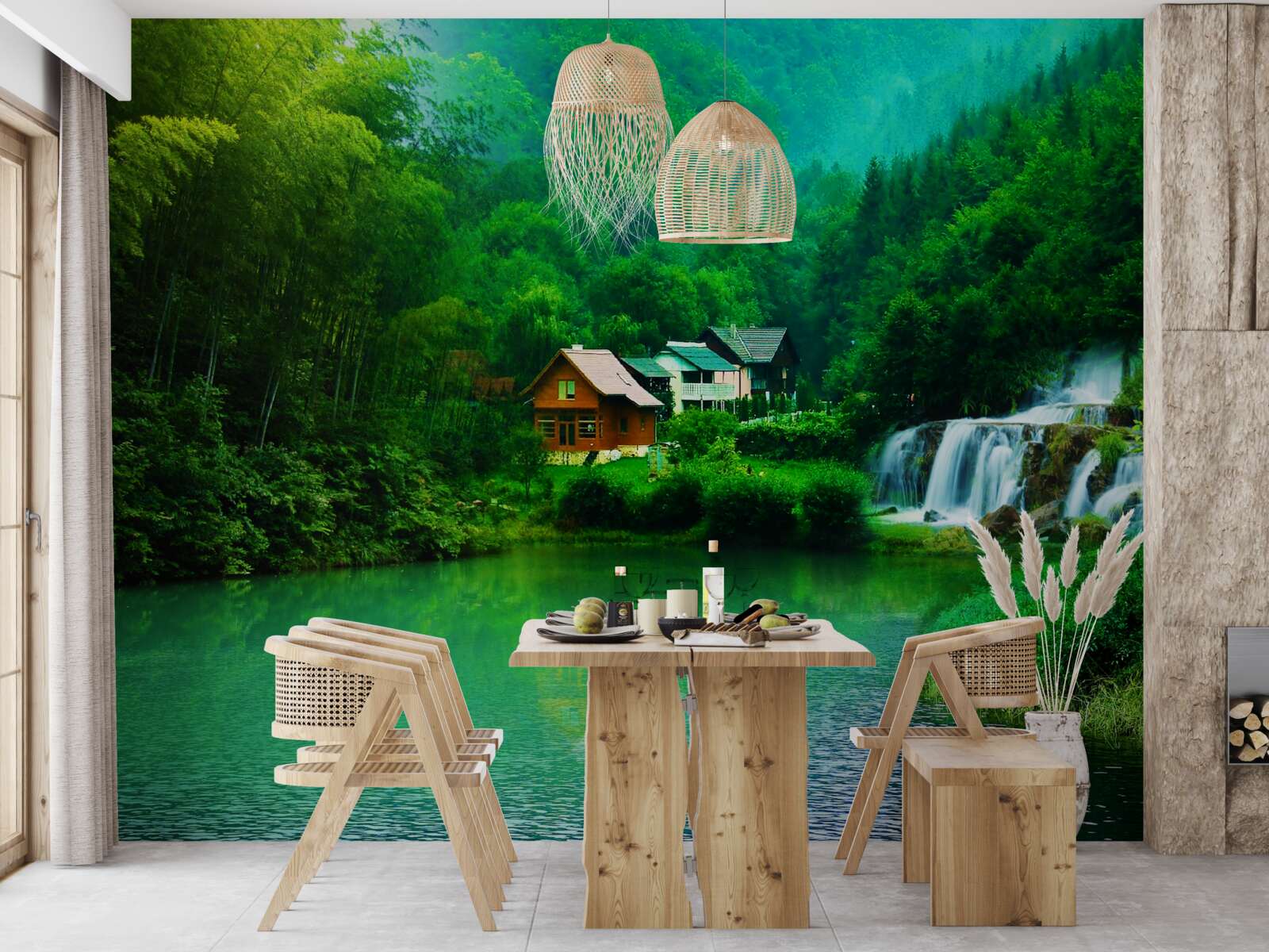 Фотошпалери тихий водоспад поруч із будинком на березі озера