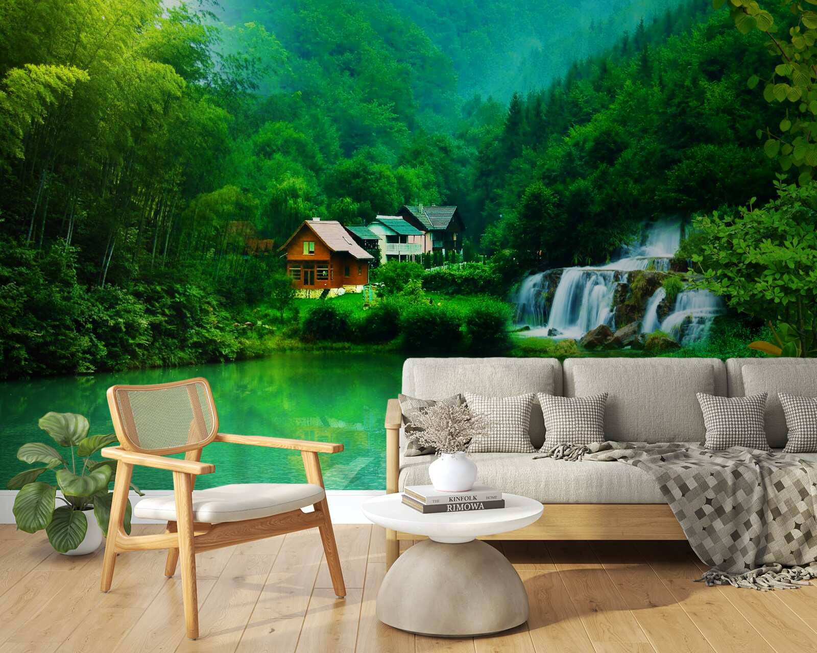 Фотошпалери тихий водоспад поруч із будинком на березі озера