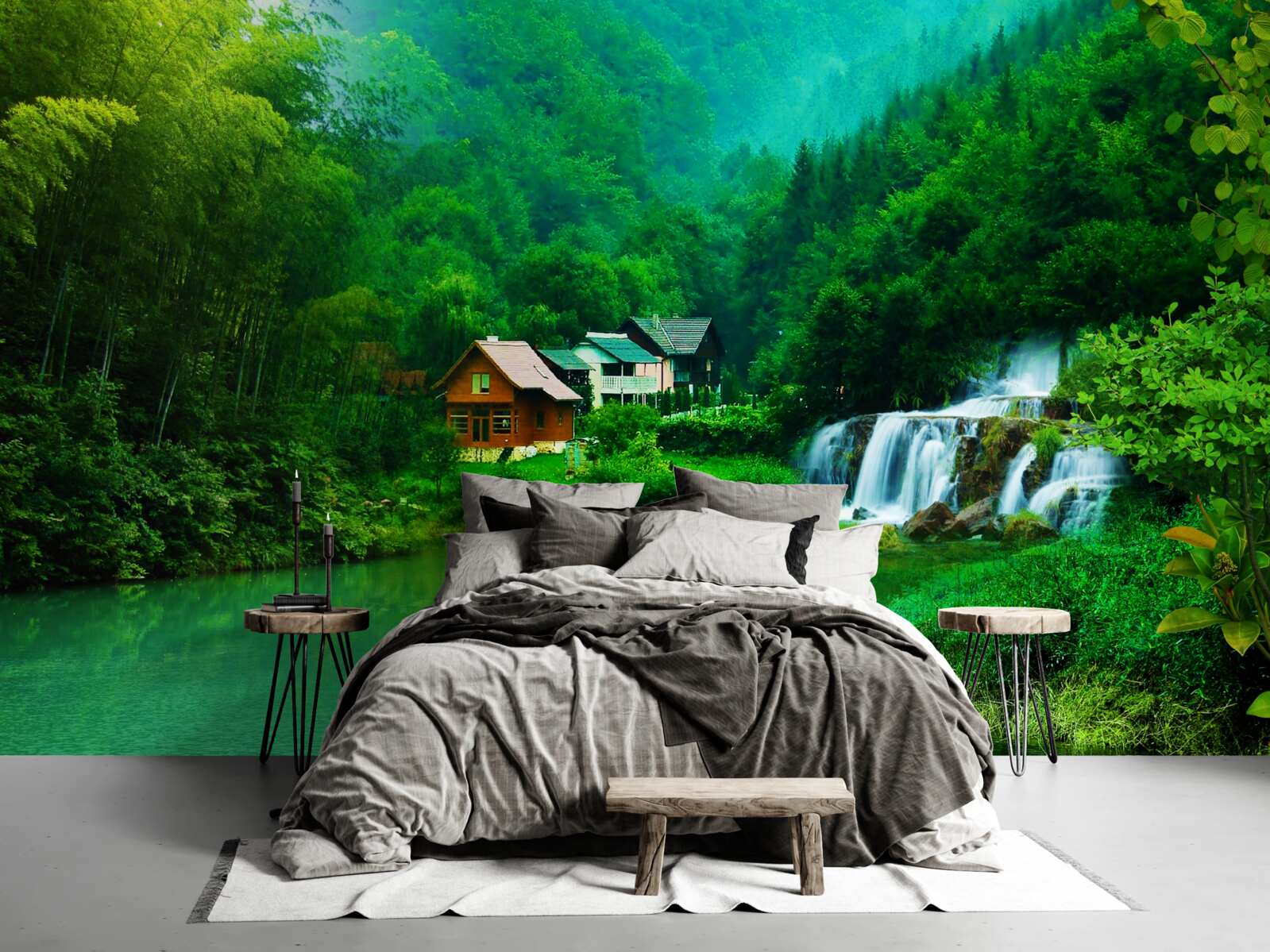 Фотошпалери тихий водоспад поруч із будинком на березі озера