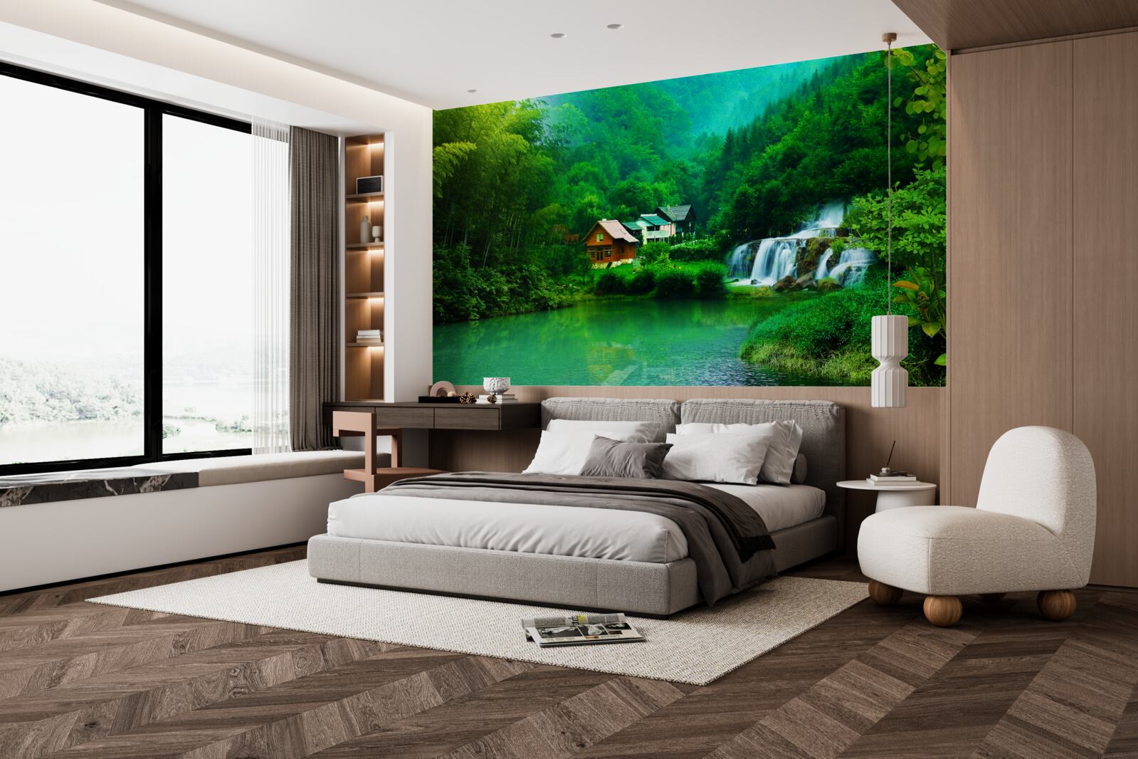 Фотошпалери тихий водоспад поруч із будинком на березі озера