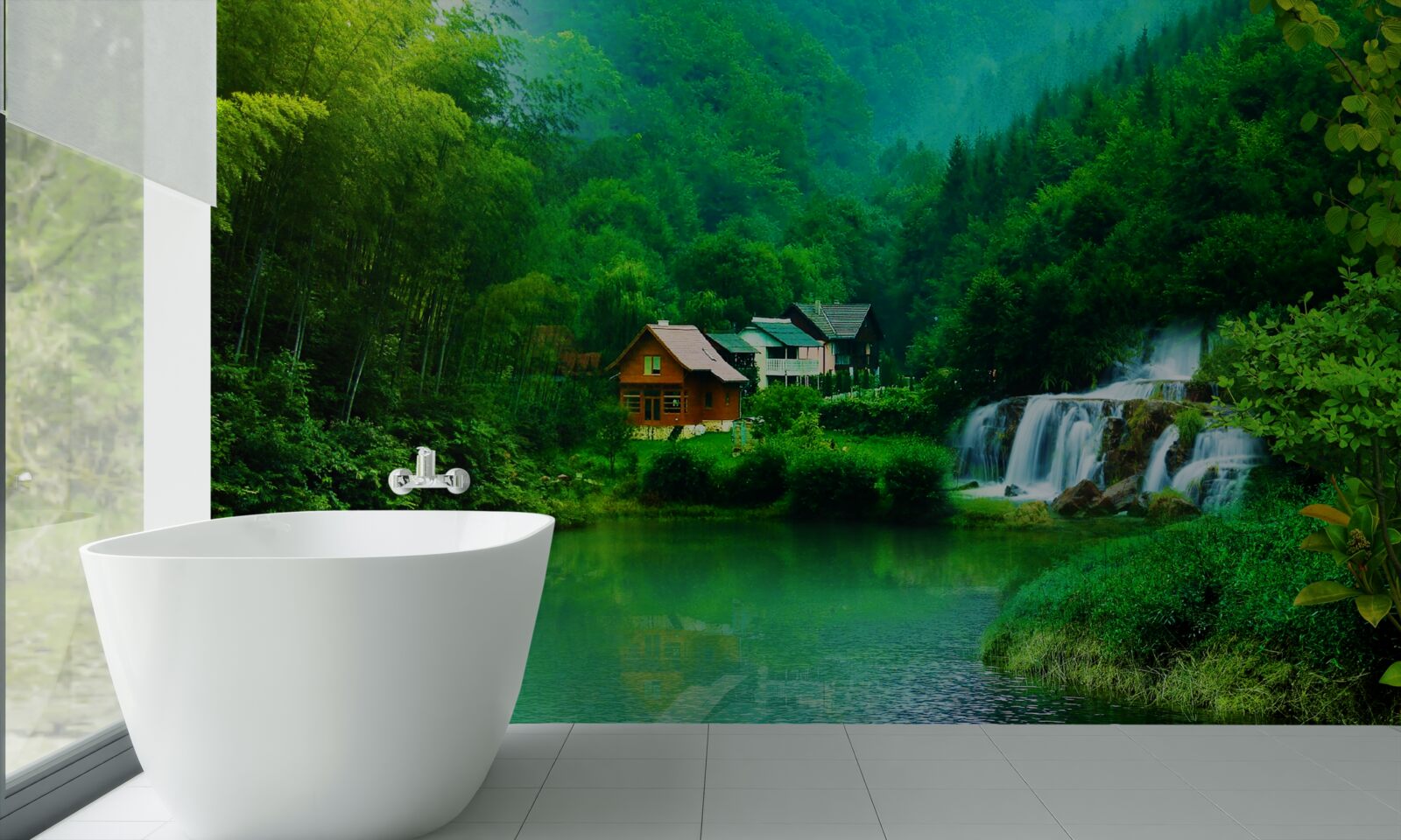 Фотошпалери тихий водоспад поруч із будинком на березі озера