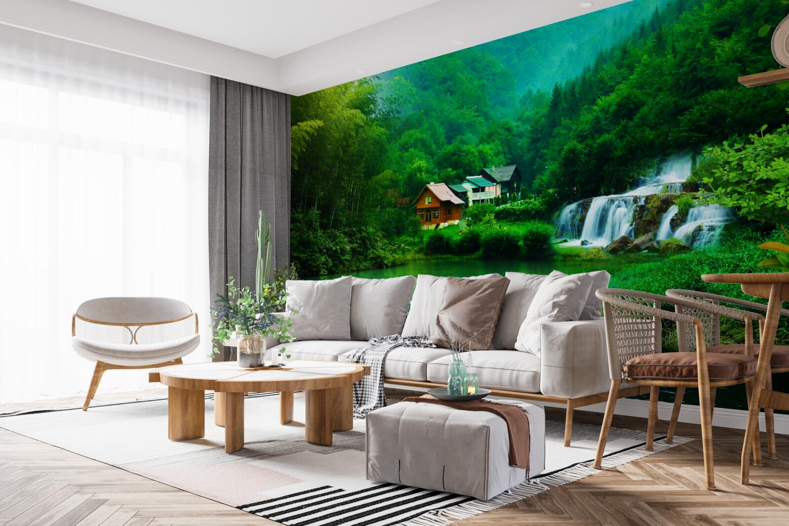 Фотошпалери тихий водоспад поруч із будинком на березі озера