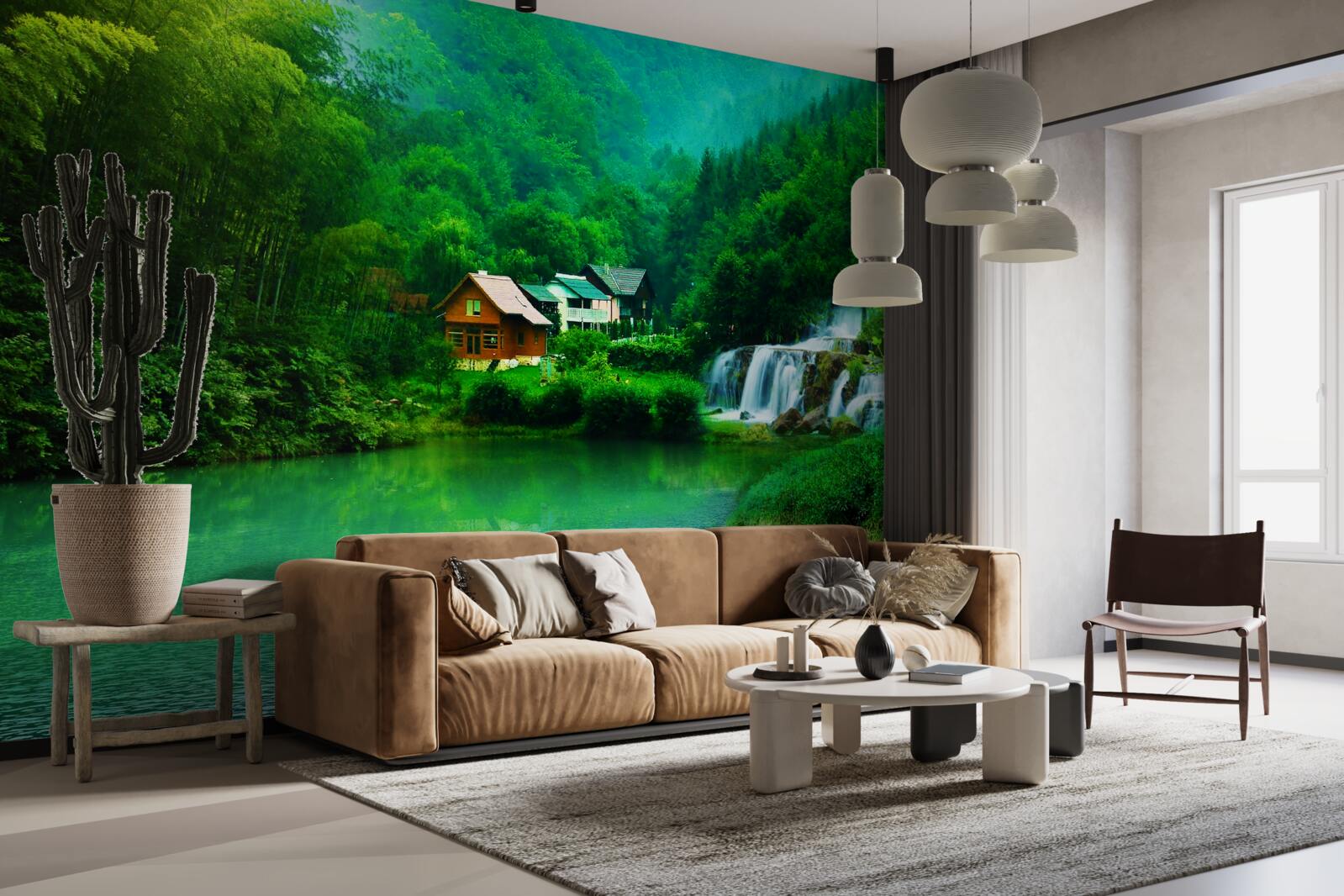 Фотошпалери тихий водоспад поруч із будинком на березі озера