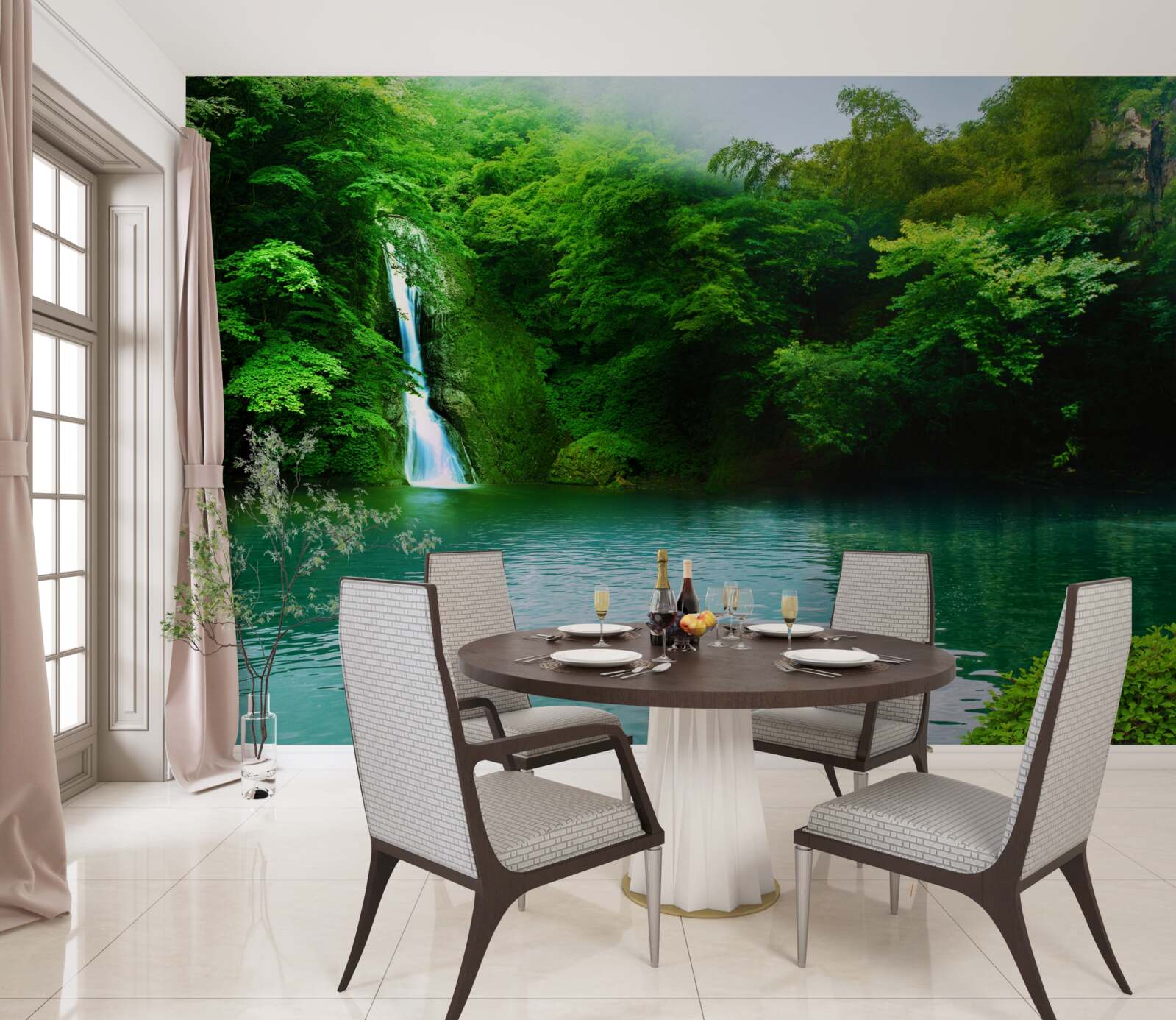 Фотошпалери лісовий водоспад, що стікає з високої гори