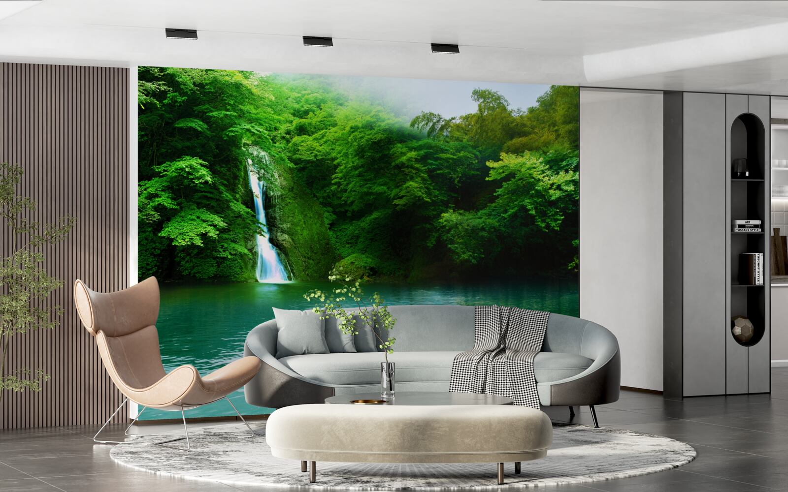 Фотошпалери лісовий водоспад, що стікає з високої гори