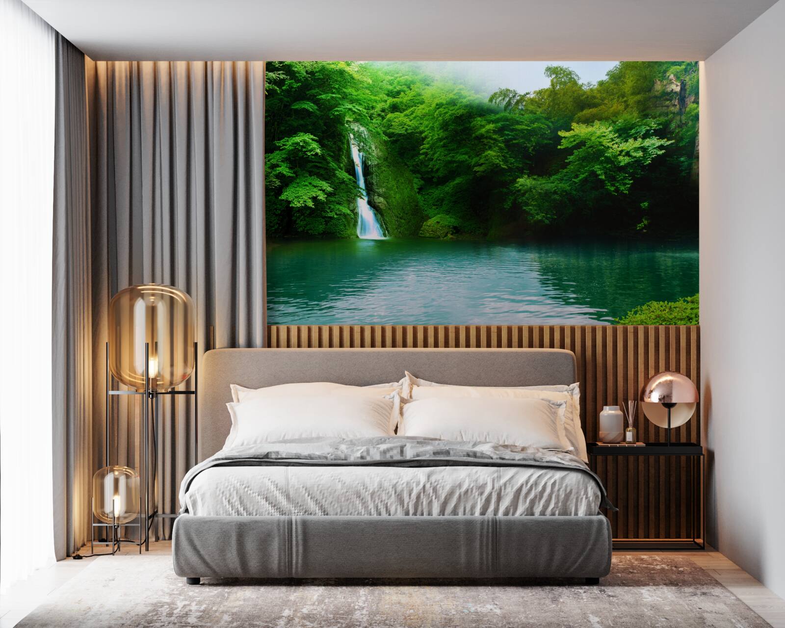 Фотошпалери лісовий водоспад, що стікає з високої гори