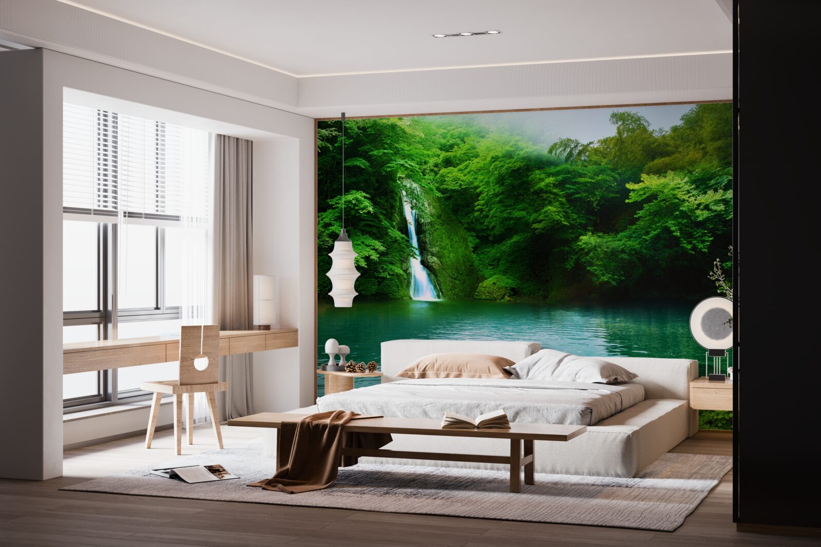 Фотошпалери лісовий водоспад, що стікає з високої гори