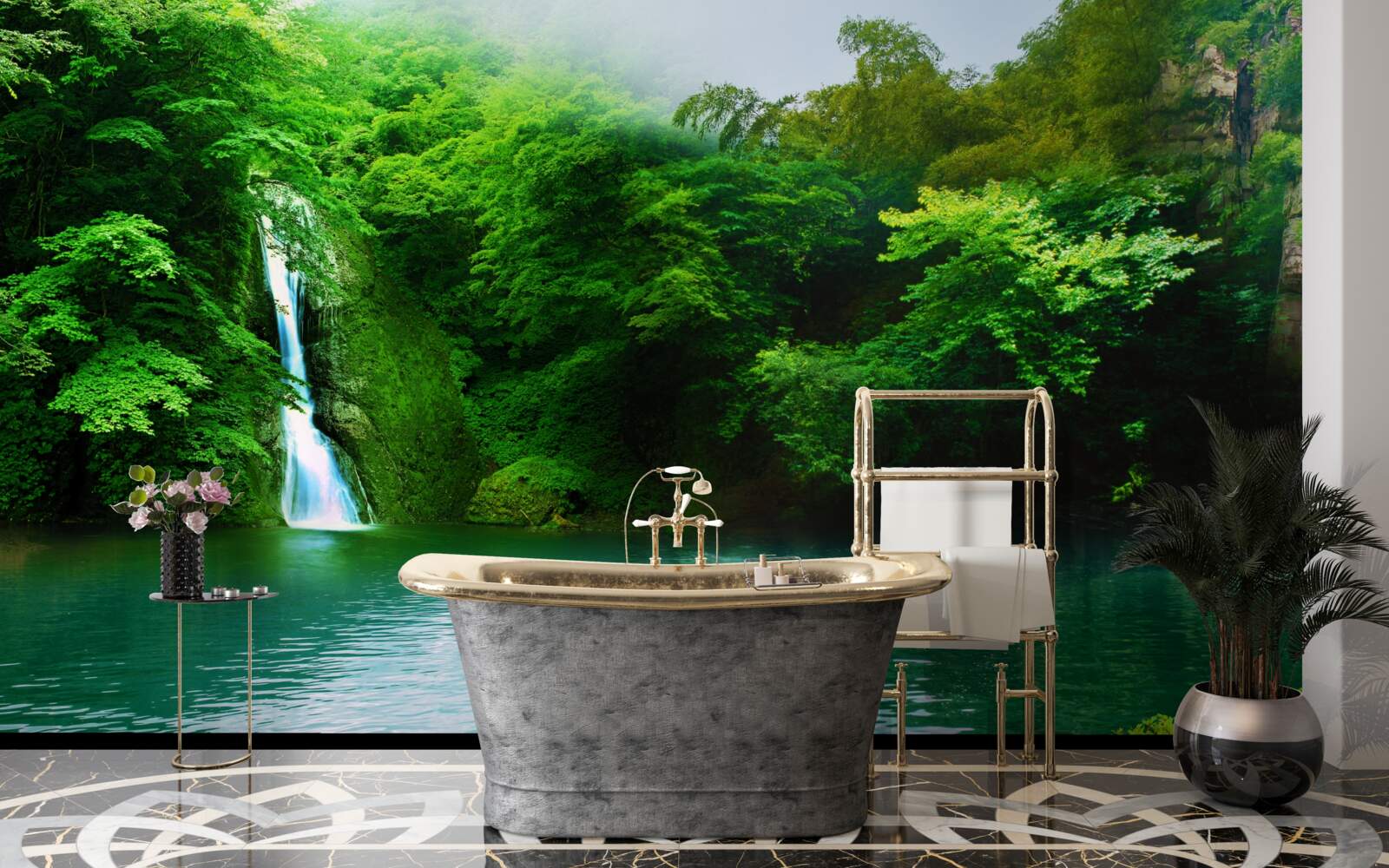 Фотошпалери лісовий водоспад, що стікає з високої гори