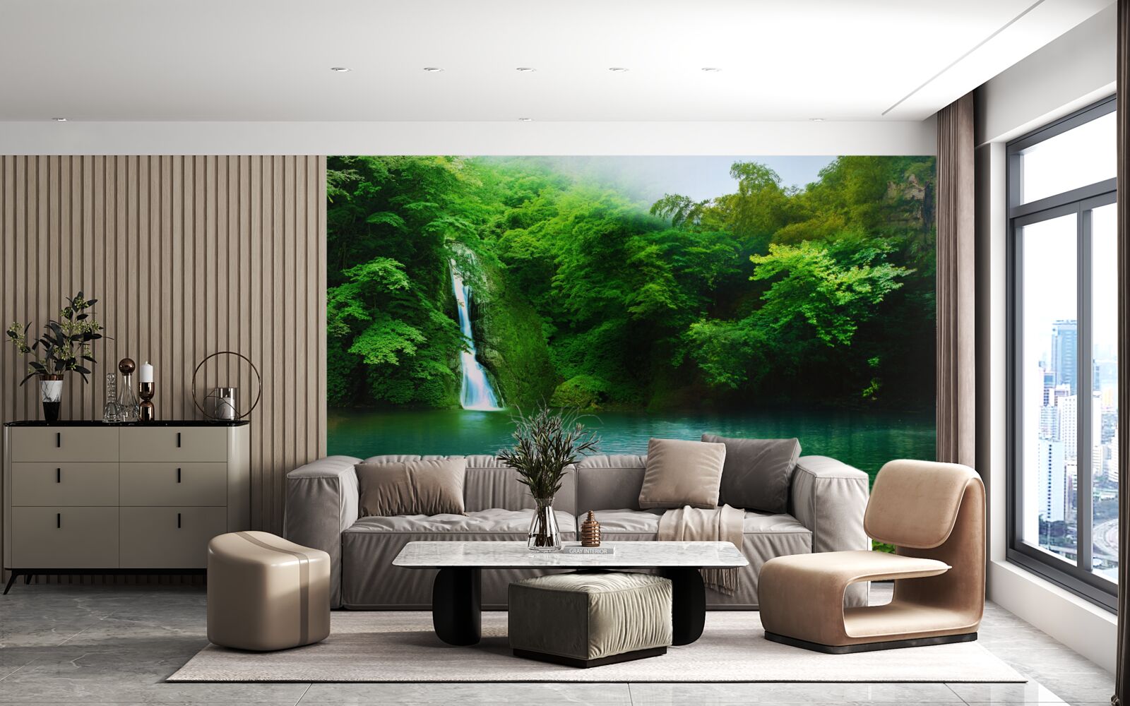 Фотошпалери лісовий водоспад, що стікає з високої гори