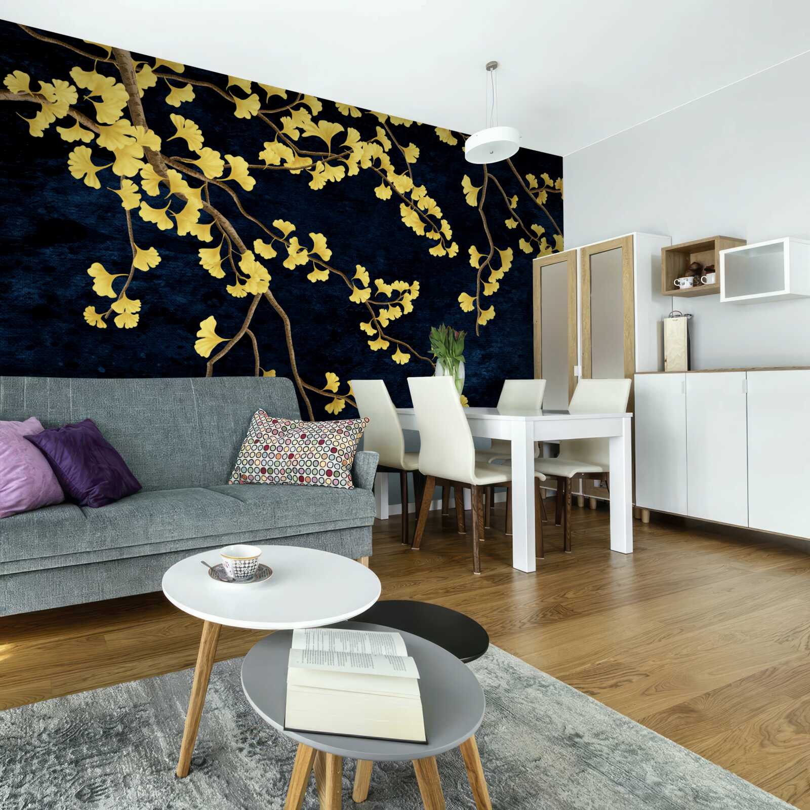 Фотошпалери гілки жовтого листя на тлі нічного неба