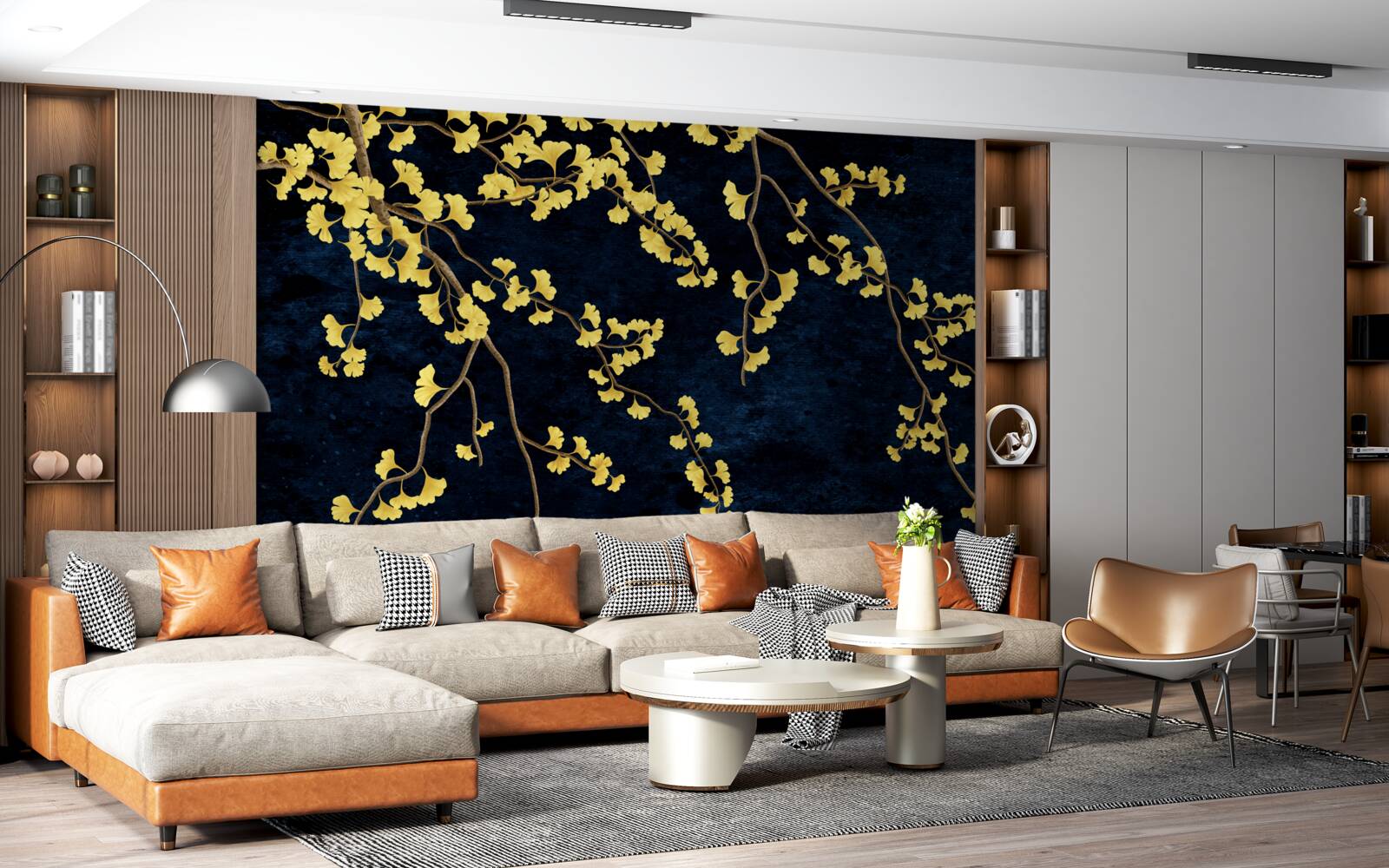 Фотошпалери гілки жовтого листя на тлі нічного неба