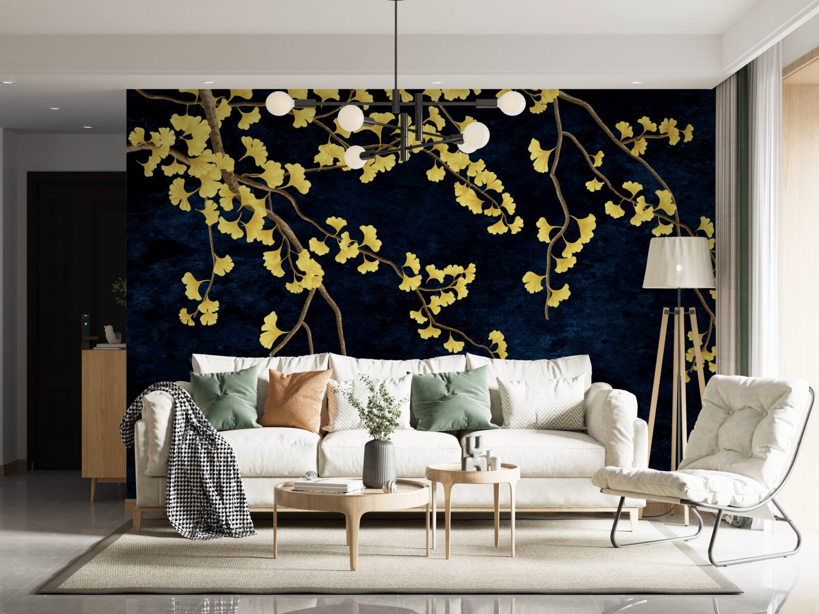 Фотошпалери гілки жовтого листя на тлі нічного неба